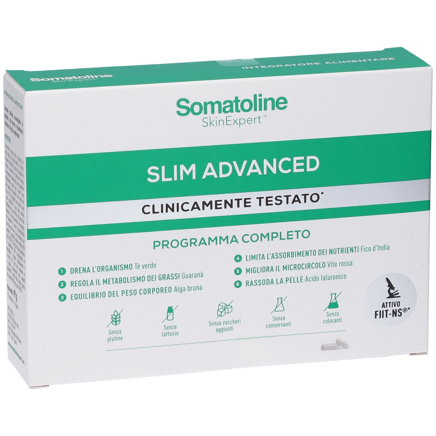 Fronte della confezione di compresse Somatoline Slim Advanced con caratteristiche del prodotto.