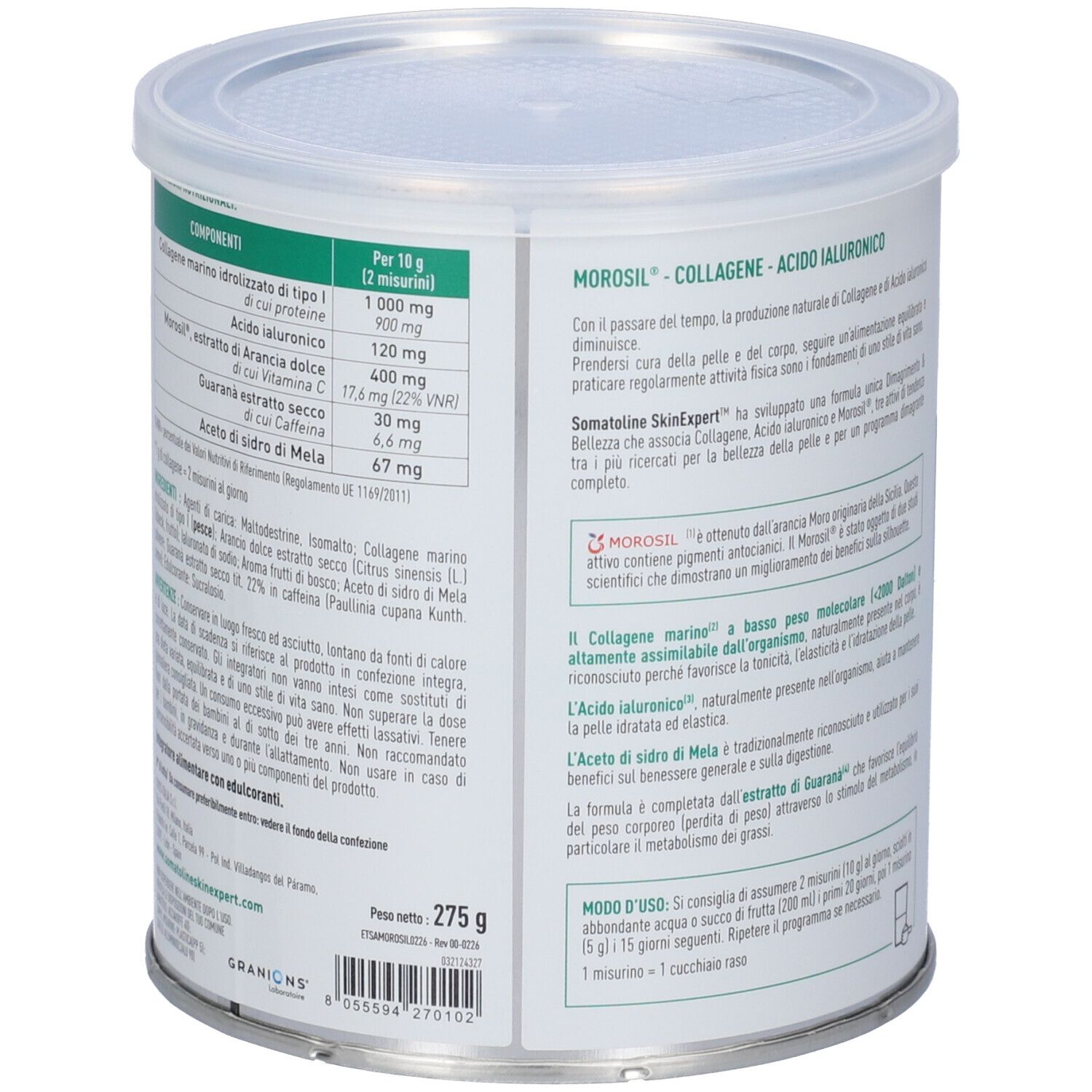 Vista laterale del barattolo Somatoline SkinExpert Slim Advanced con informazioni nutrizionali.