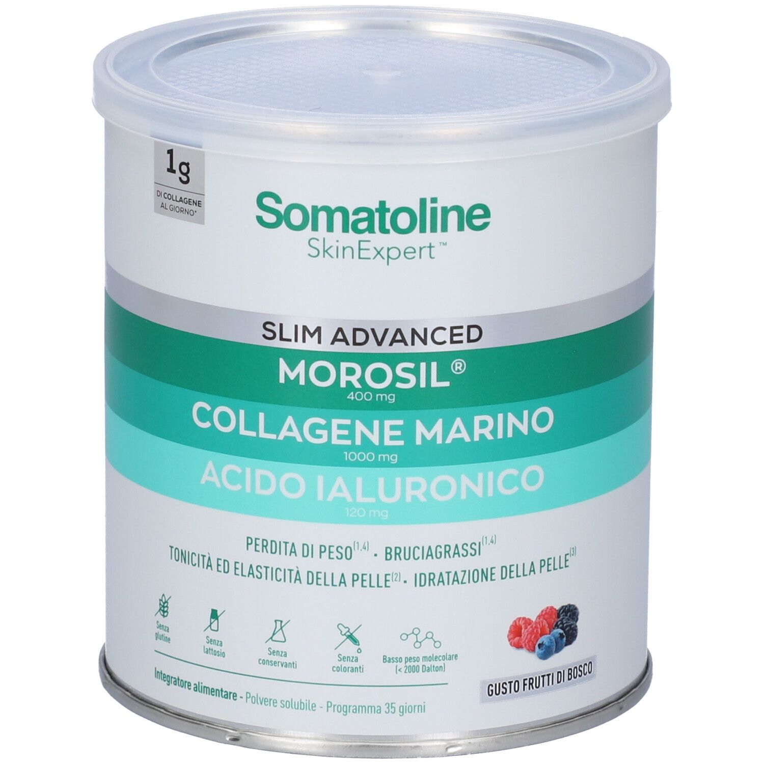 Barattolo Somatoline SkinExpert Slim Advanced con collagene, acido ialuronico e Morosil.