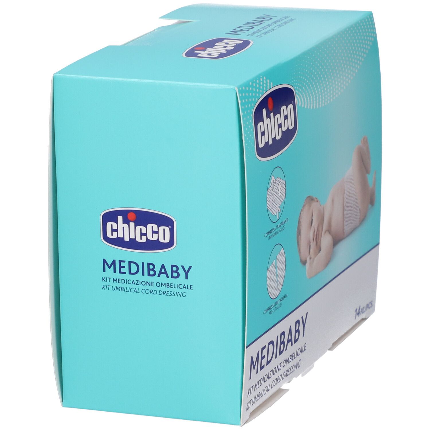 Confezione Chicco Medibaby Kit Medicazione Ombelicale. Scatola azzurra con informazioni sul prodotto e immagine di un neonato.