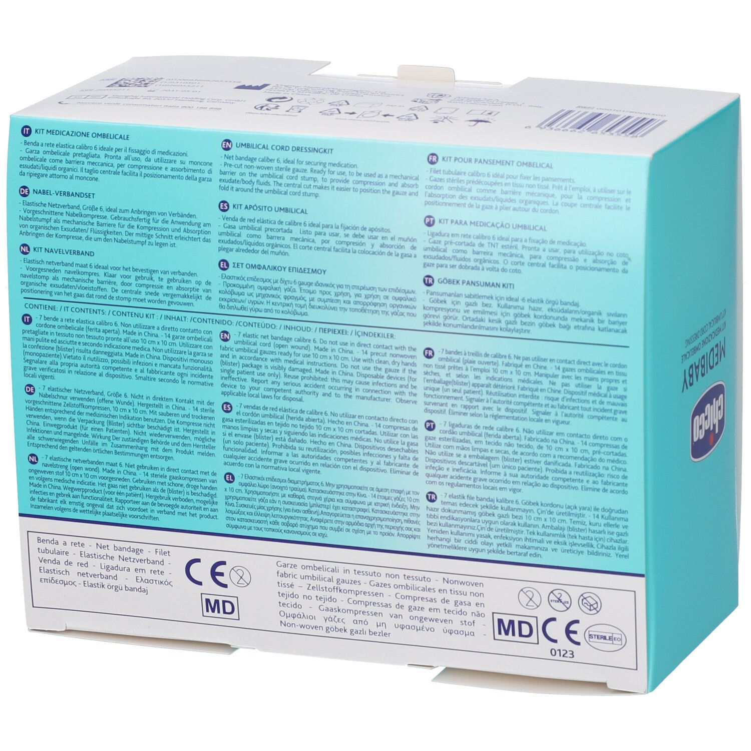 Confezione di un kit per la cura del cordone ombelicale con istruzioni multilingue e certificazioni CE e MD.