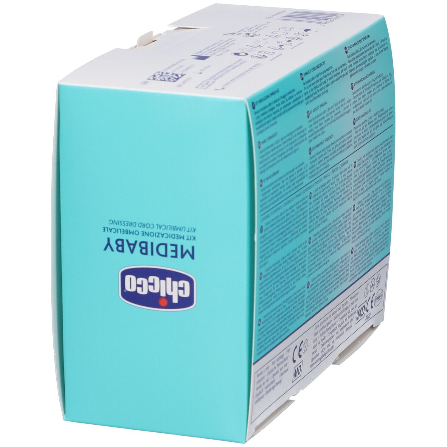 Chicco Medibaby Kit medicazione cordone ombelicale. Confezione azzurra con informazioni sul prodotto e marchio CE.