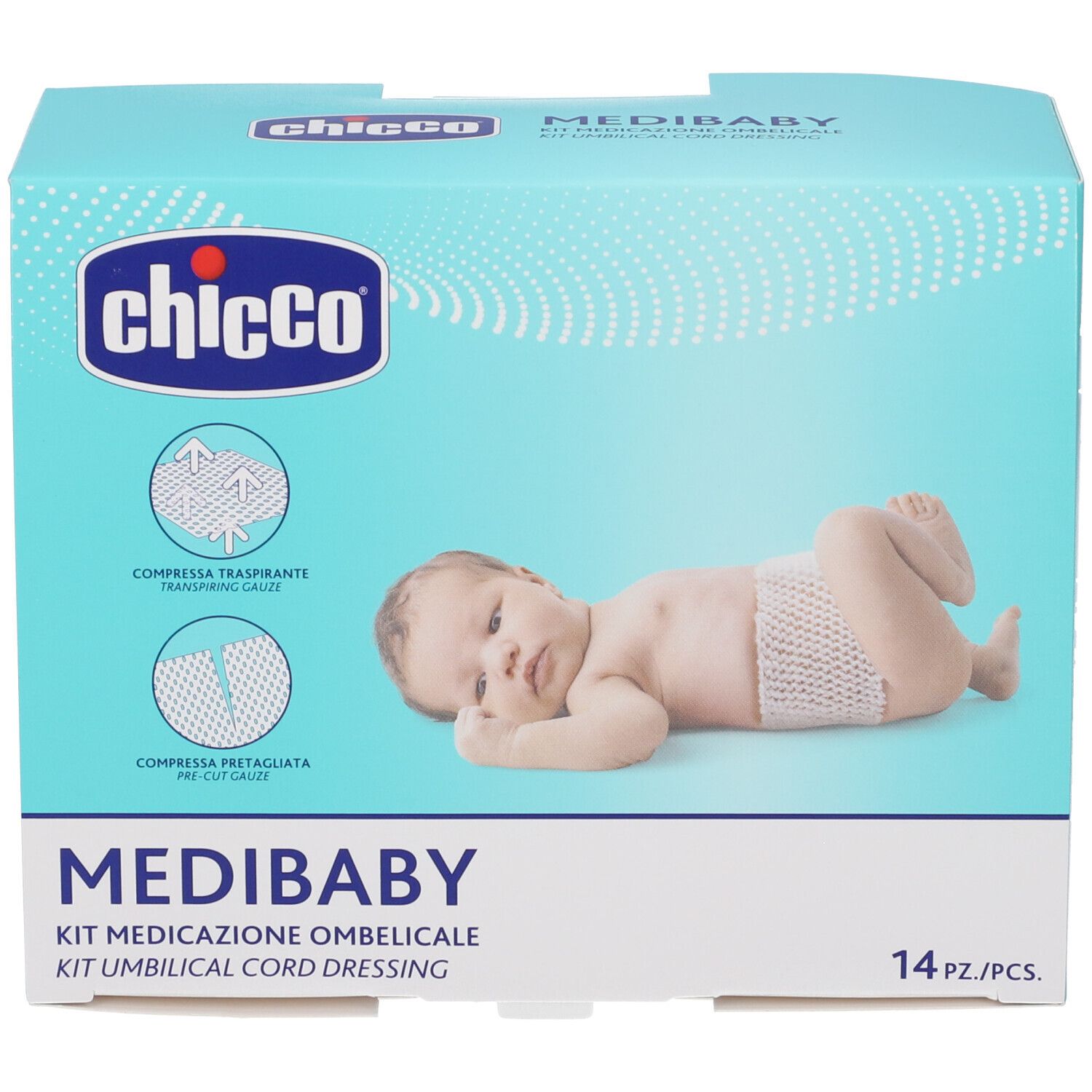 Kit medicazione ombelicale Chicco Medibaby, 14 pezzi. Include garza traspirante e pre-tagliata.