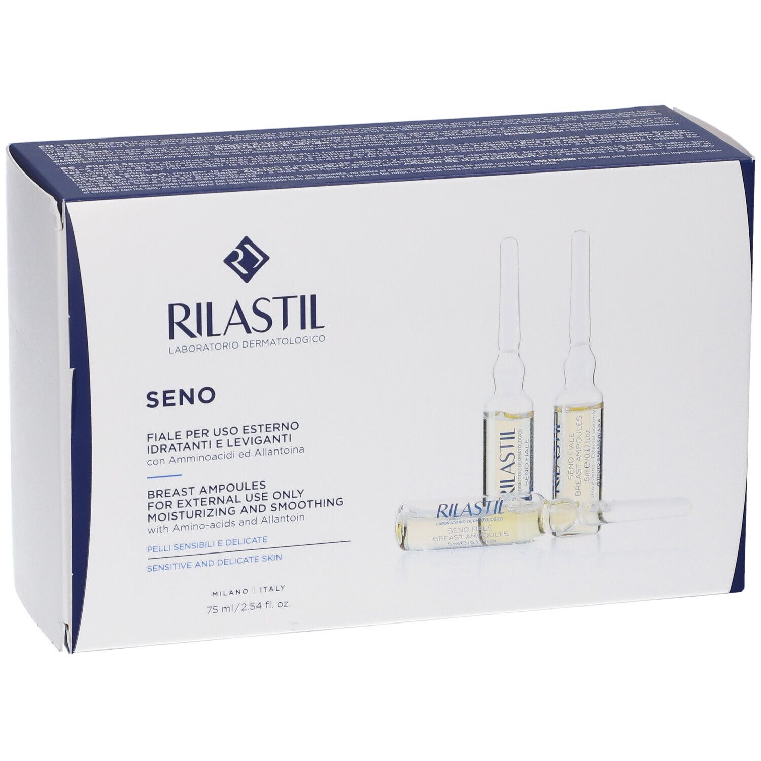 Rilastil Seno Fiale: La confezione mostra tre fiale, 75 ml totali.