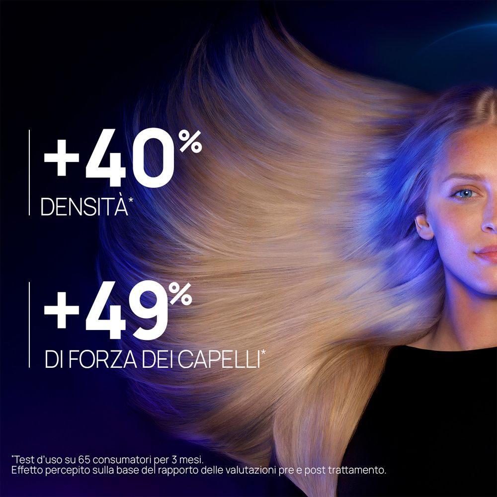 Donna con capelli folti e luminosi, Siero Triphasic Rene Furterer.