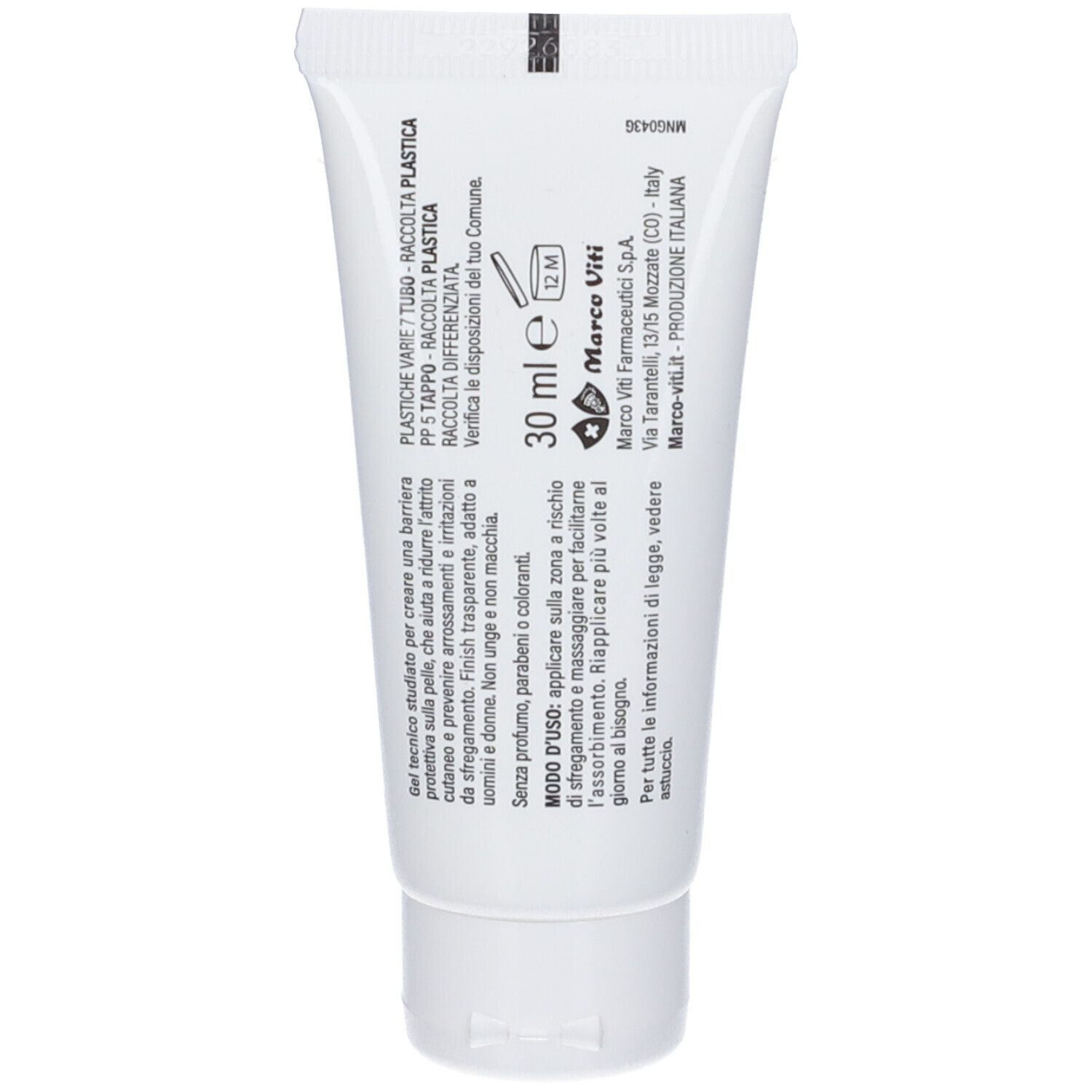 Retro del tubo bianco. Testo in italiano. Marchio Marco Viti. 30 ml.