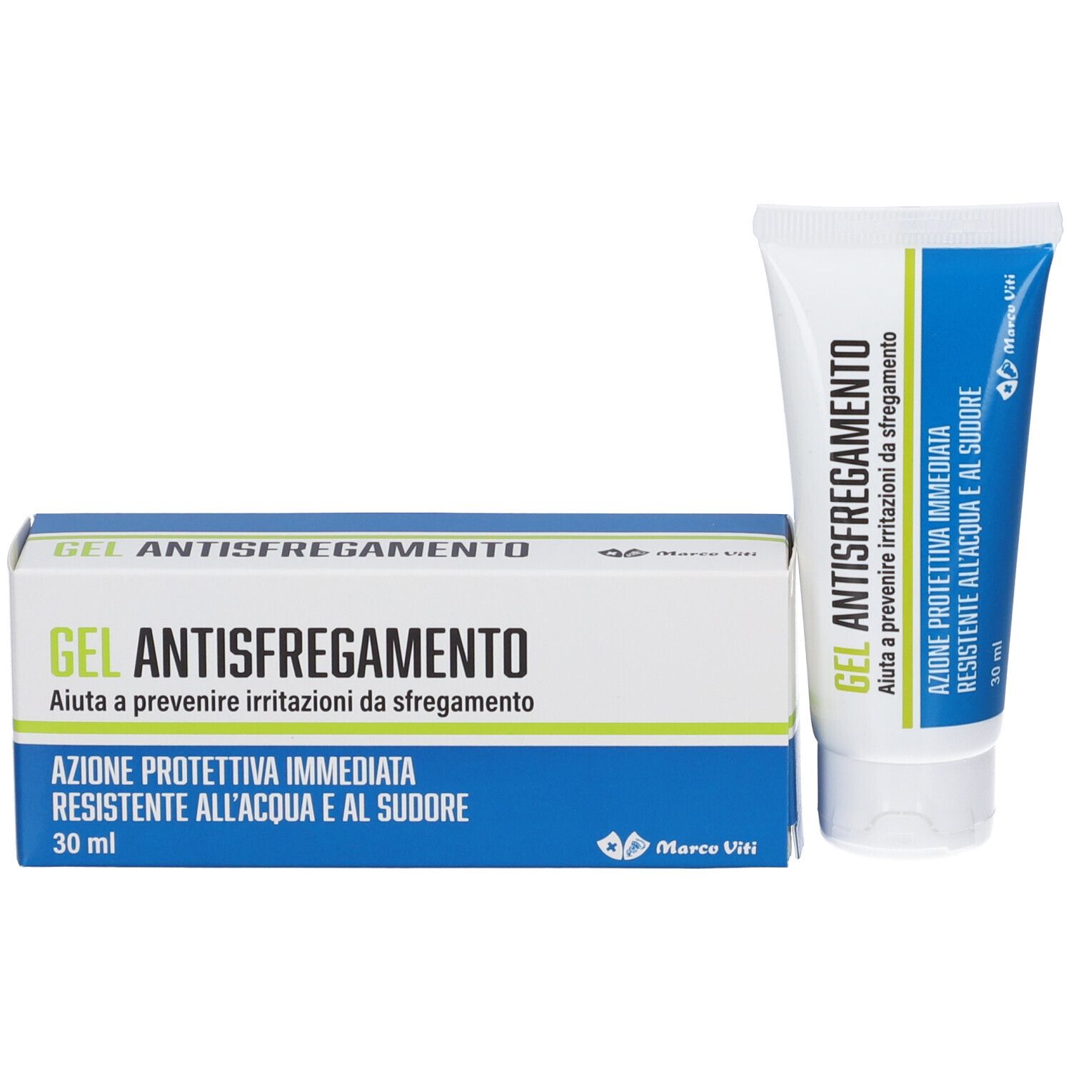Confezione e tubo del prodotto. Scritta: GEL ANTISFREGAMENTO. Marchio Marco Viti. 30 ml.
