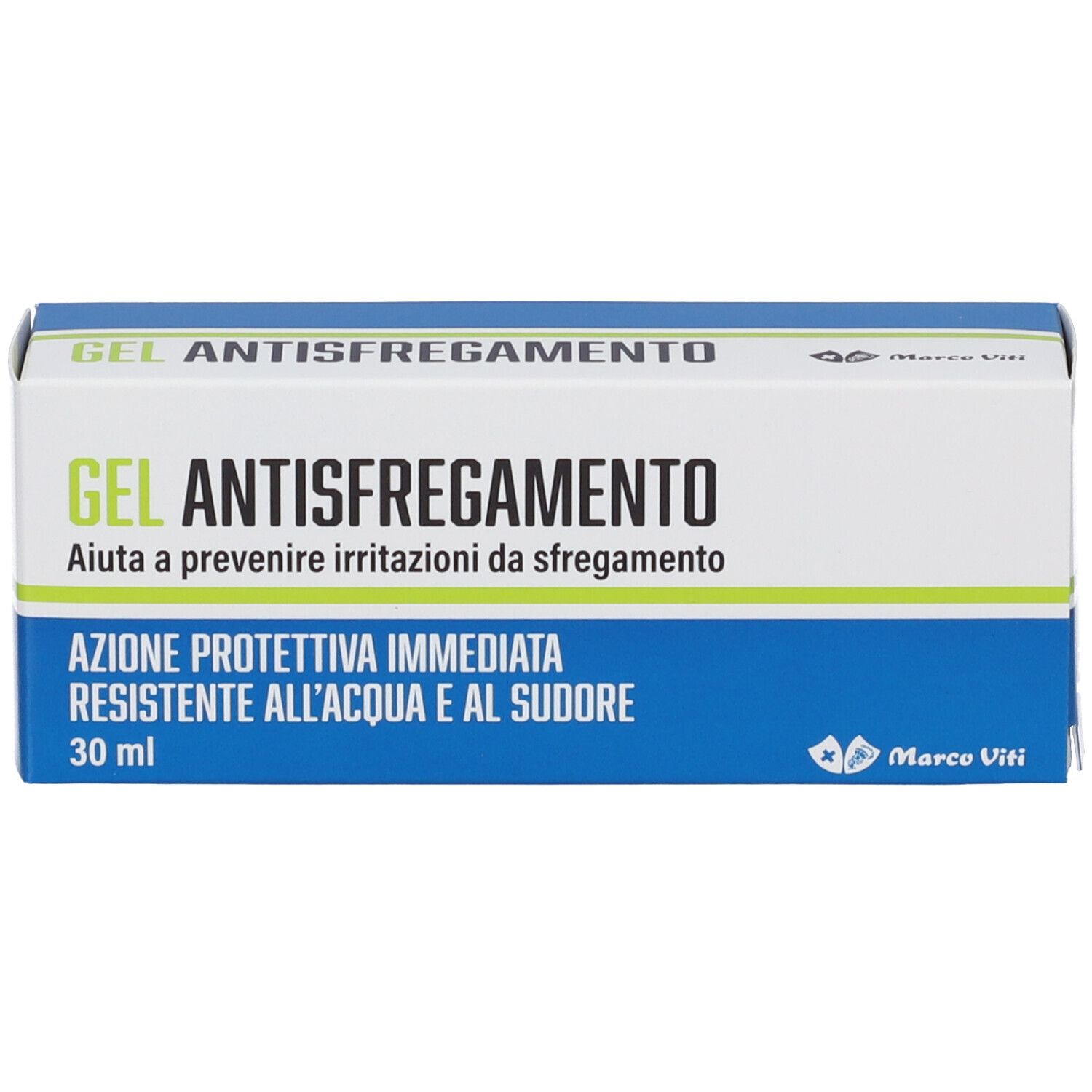 Confezione del prodotto. Scritta: GEL ANTISFREGAMENTO. Marchio Marco Viti. 30 ml.
