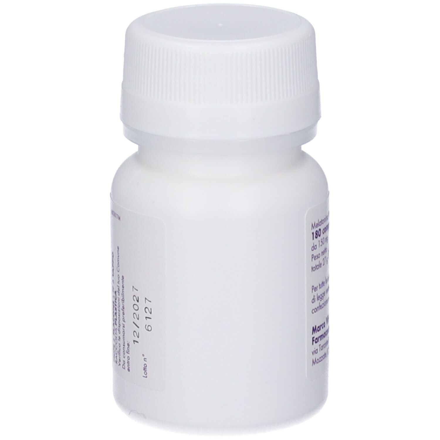 Flacone bianco con tappo a vite. Retro con etichetta. Nessun altro dettaglio visibile.