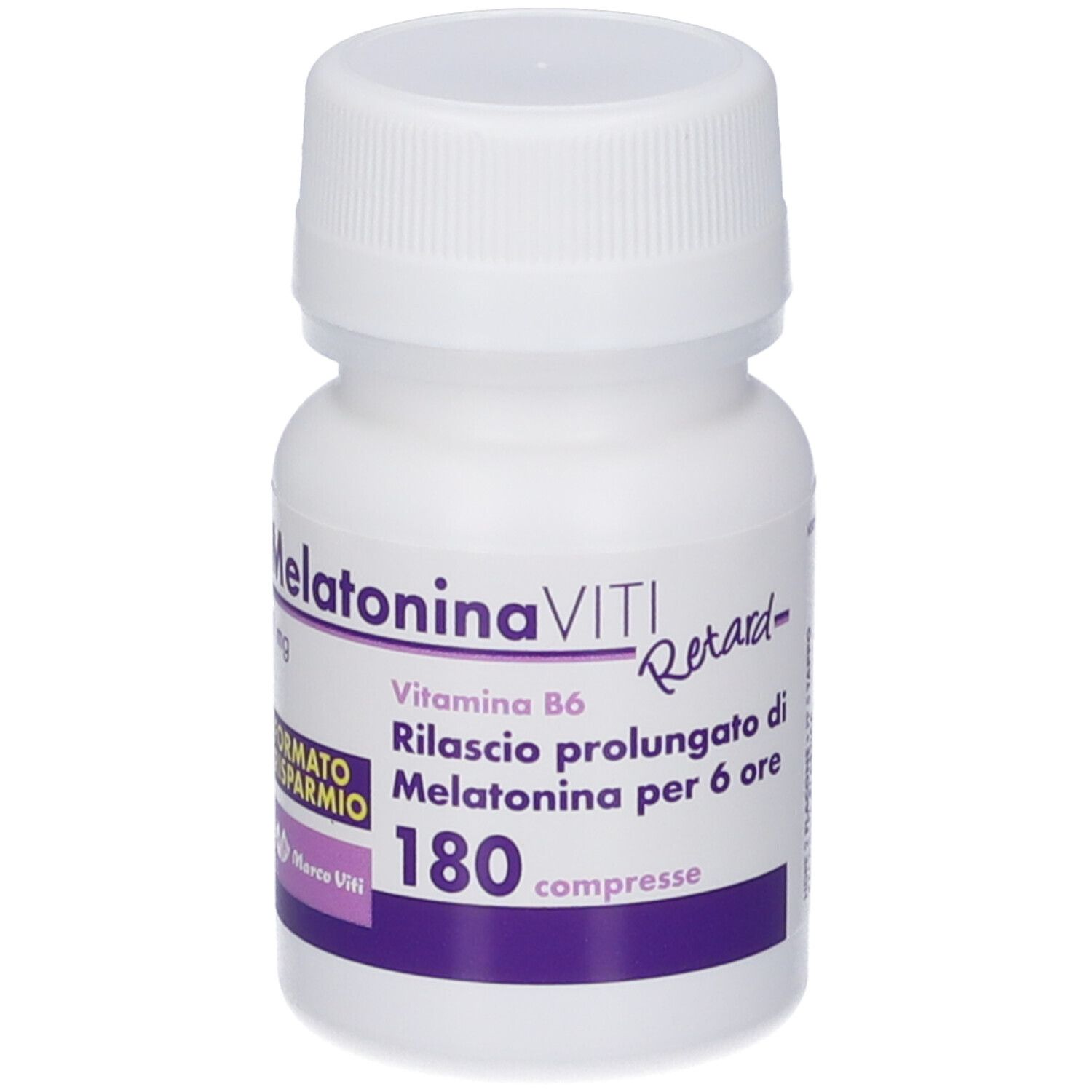Flacone bianco con tappo a vite. Scritta: Melatonina VITI Retard, 180 compresse. Etichetta viola con logo.