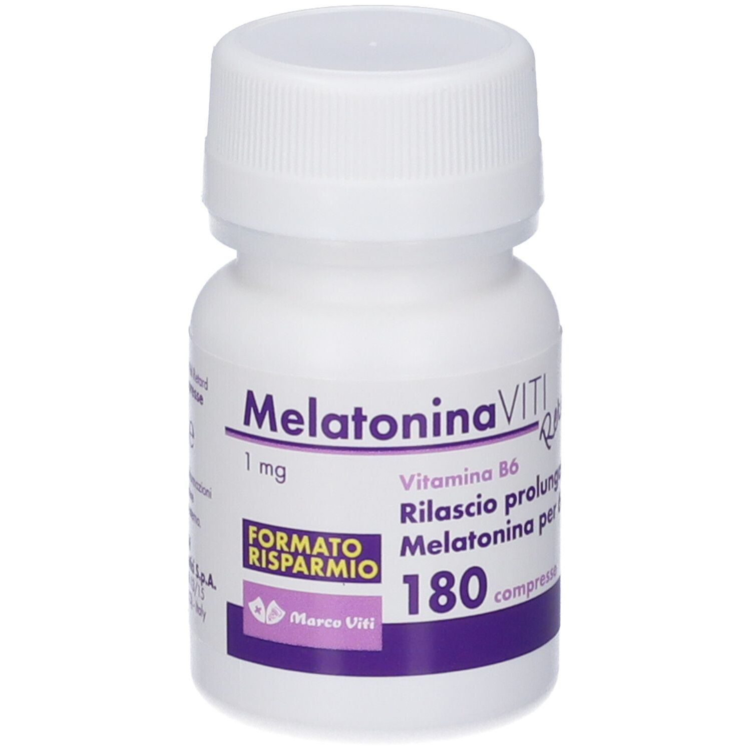 Flacone bianco con tappo a vite. Scritta: Melatonina VITI 1 mg, 180 compresse. Etichetta viola con logo.