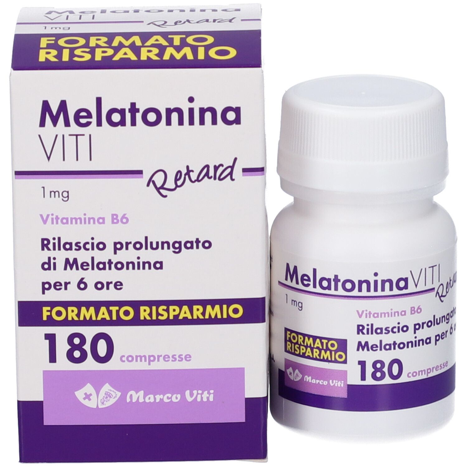 Flacone bianco e scatola. Scritta: Melatonina VITI Retard, 180 compresse. Etichetta viola con logo.