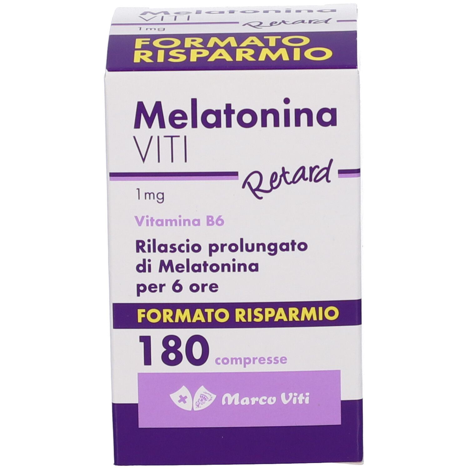 Scatola con scritta: Melatonina VITI Retard, 180 compresse. Etichetta viola con logo.