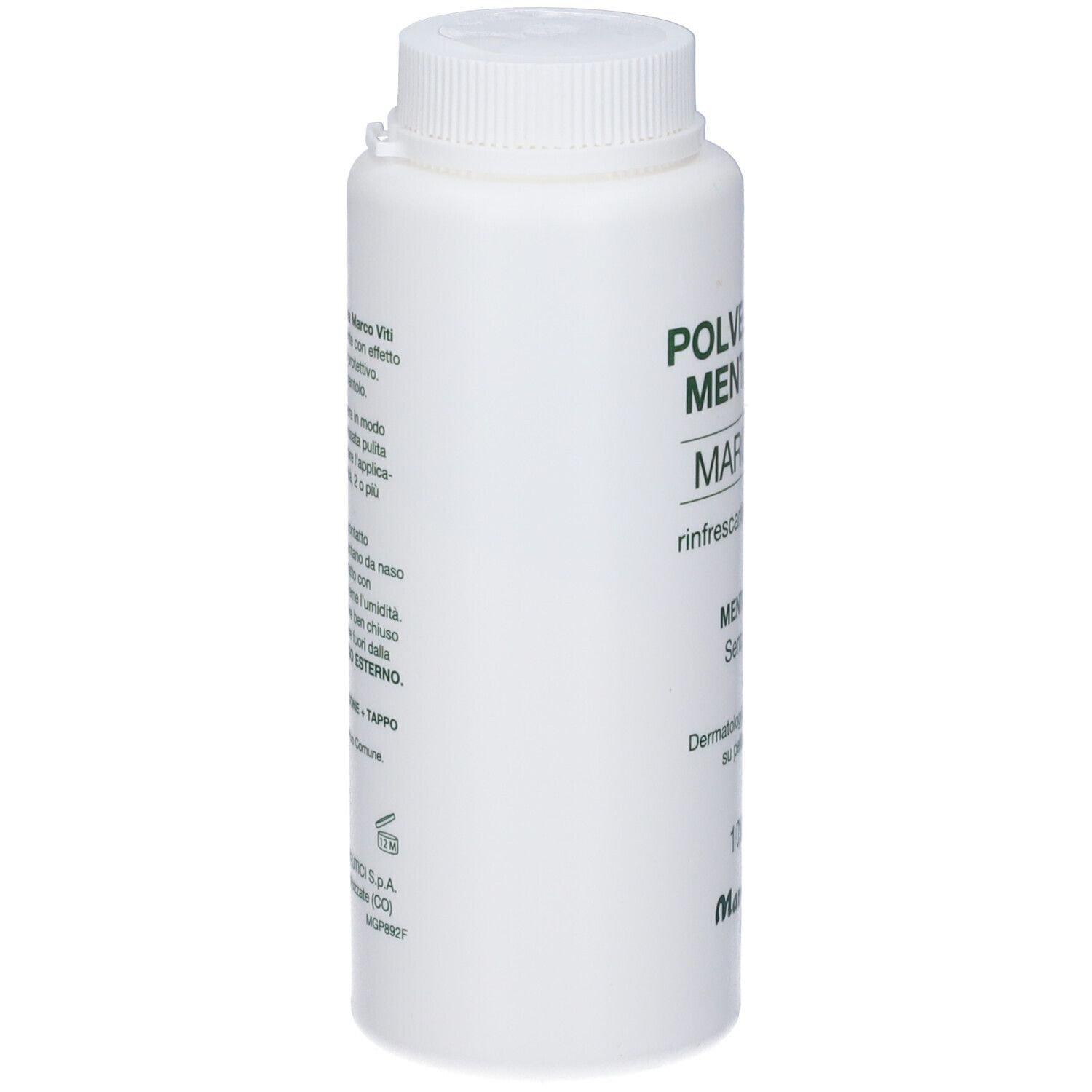 Flacone bianco, vista laterale. Testo: POLVERE FINE MENTOLATA, MARCO VITI, Mentolo 1%, 100 g. Testato dermatologicamente.