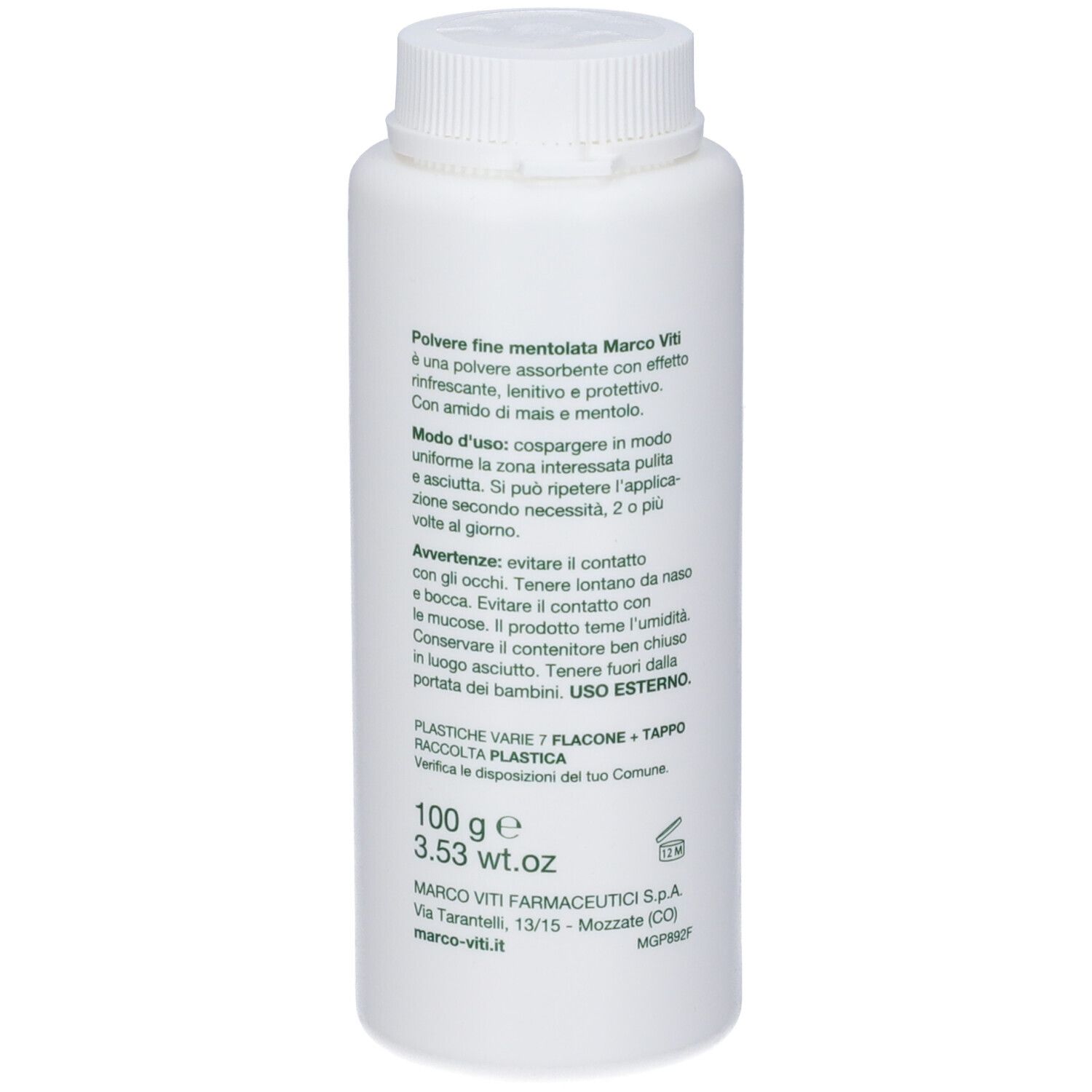 Retro di un flacone bianco. Testo: POLVERE FINE MENTOLATA, MARCO VITI, 100 g. Istruzioni in italiano.