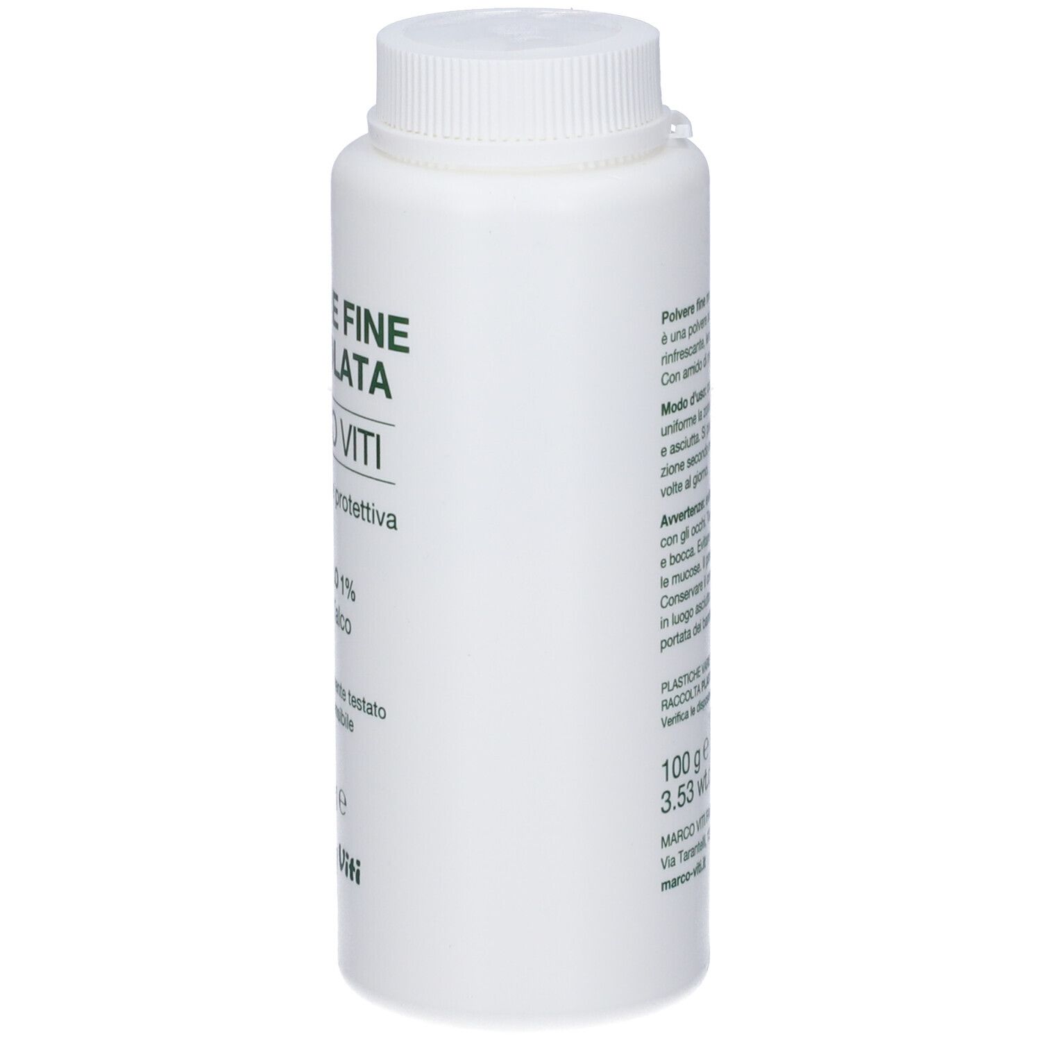 Flacone bianco con scritte verdi. POLVERE FINE MENTOLATA, MARCO VITI, Mentolo 1%, 100 g. Testato dermatologicamente.