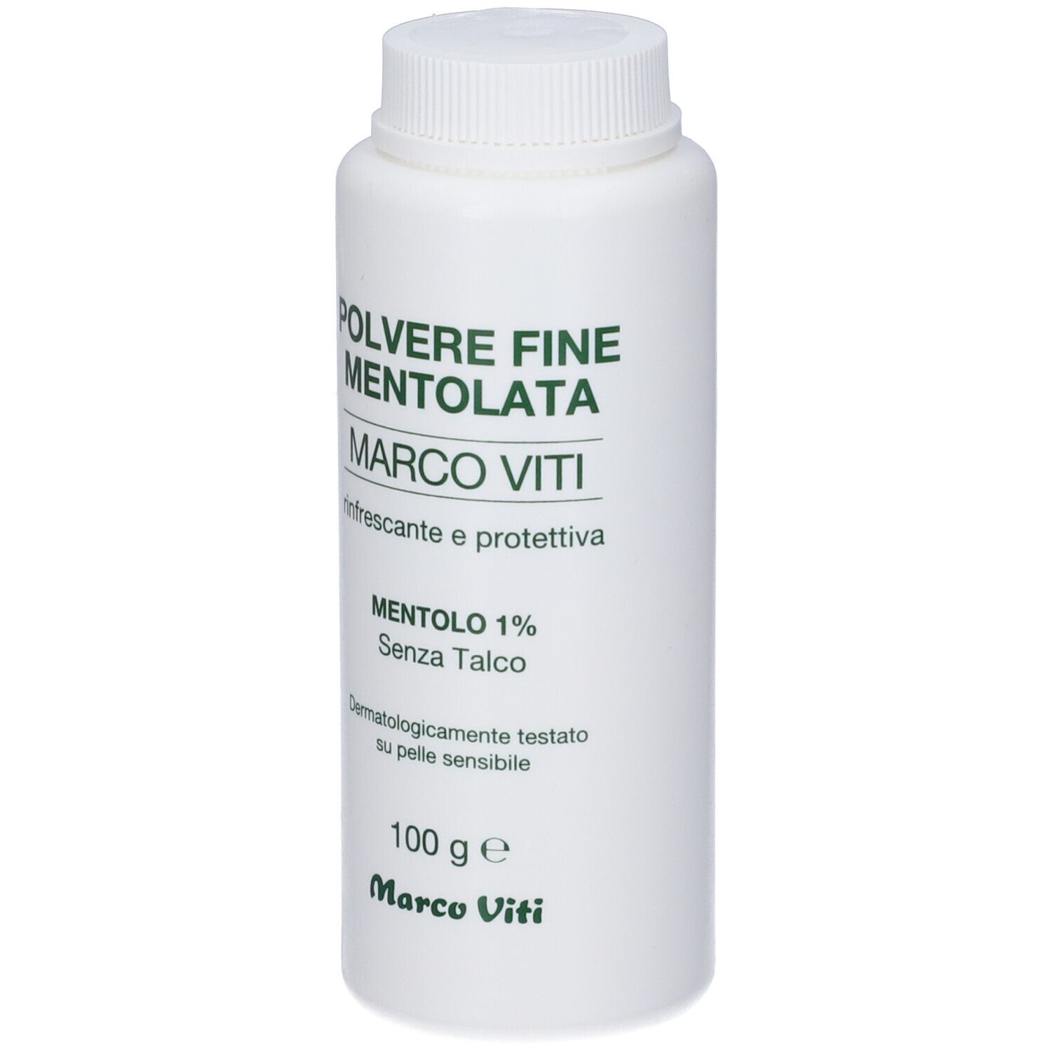Flacone bianco con scritte verdi. POLVERE FINE MENTOLATA, MARCO VITI, Mentolo 1%, 100 g. Testato dermatologicamente.