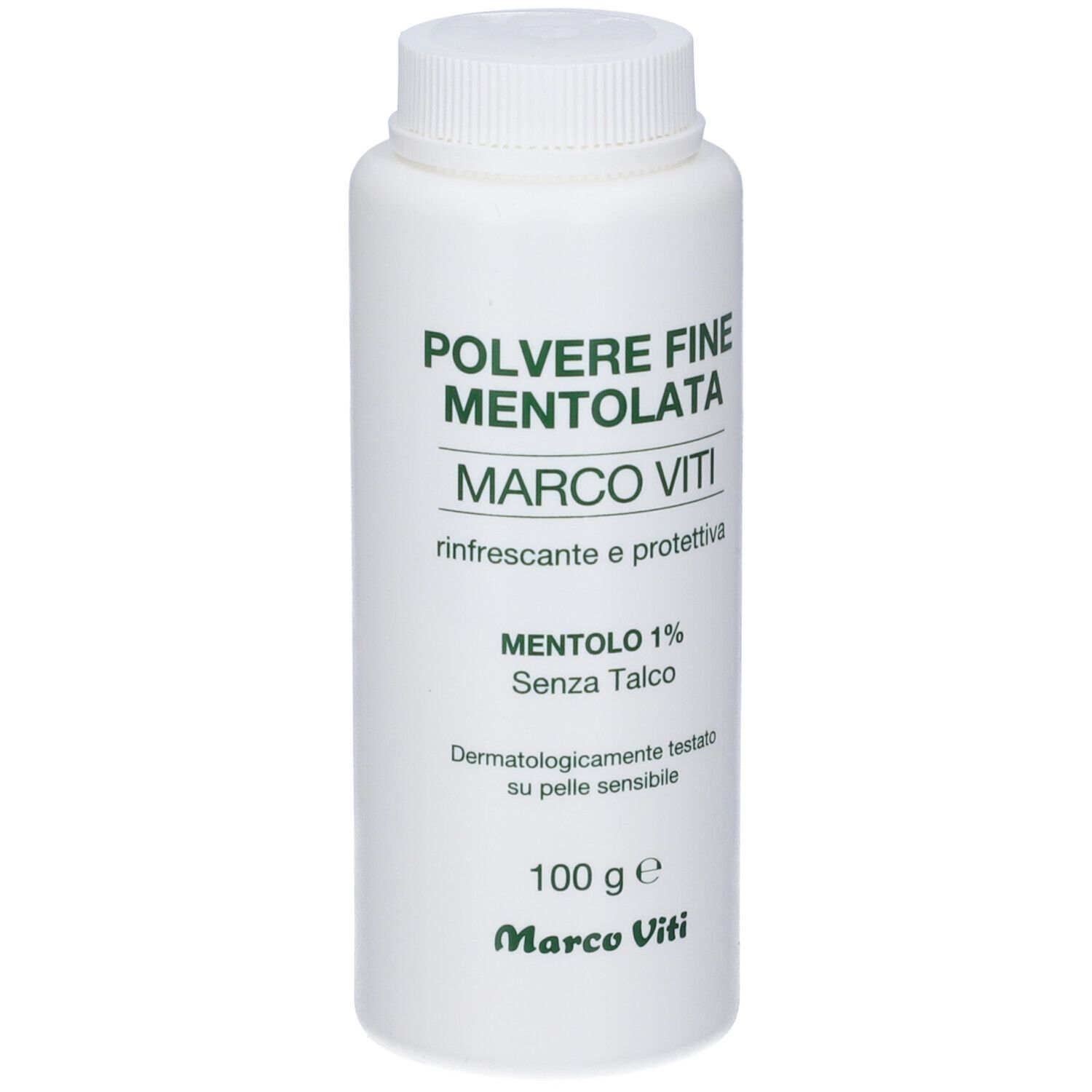 Flacone bianco con scritte verdi. POLVERE FINE MENTOLATA, MARCO VITI, Mentolo 1%, 100 g. Testato dermatologicamente.