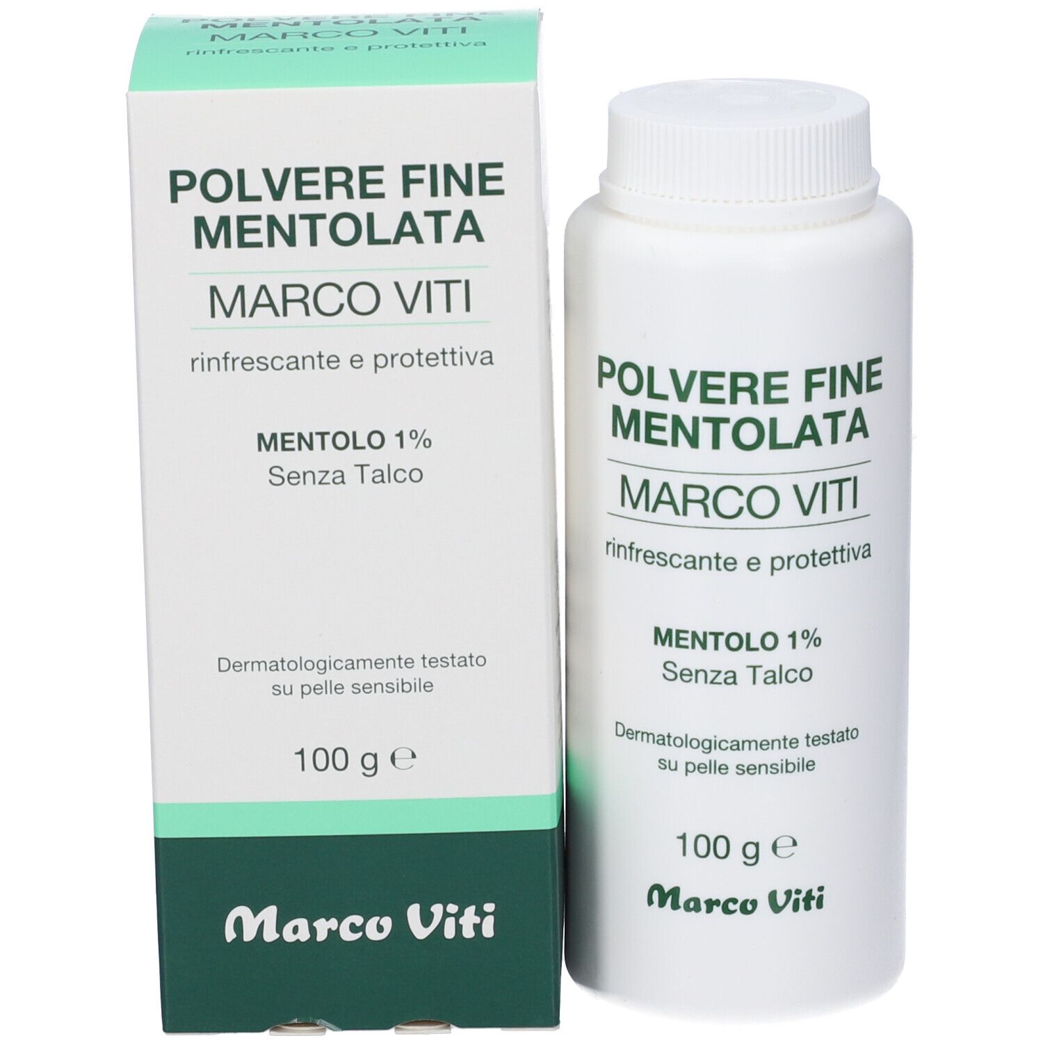 Confezione e flacone. Testo: POLVERE FINE MENTOLATA, MARCO VITI, Mentolo 1%, 100 g. Testato dermatologicamente.