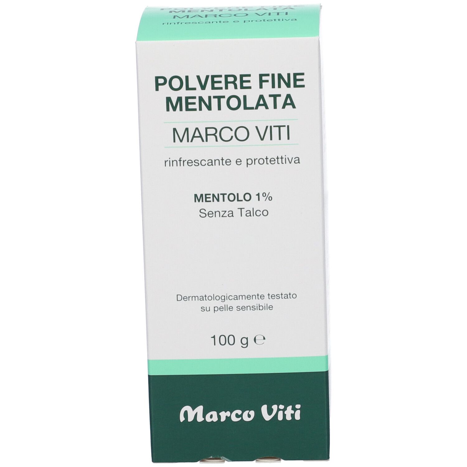 Confezione del prodotto. Testo: POLVERE FINE MENTOLATA, MARCO VITI, Mentolo 1%, 100 g. Testato dermatologicamente.