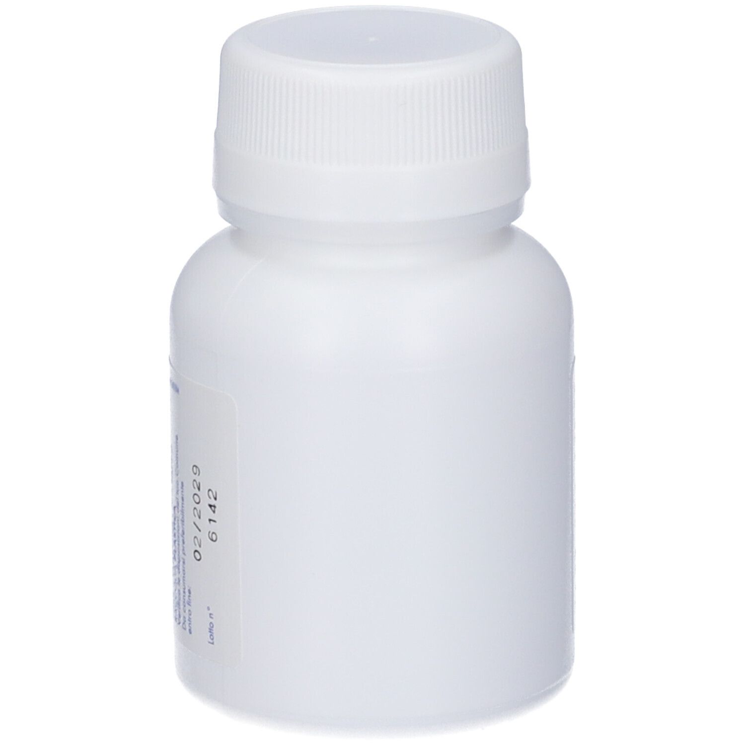 Flacone bianco con tappo a vite. Etichetta con testo in italiano.