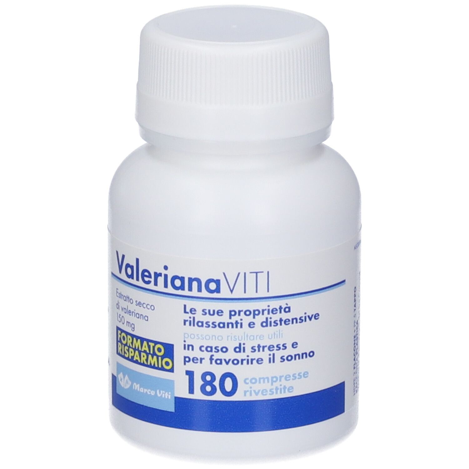 Flacone bianco con tappo a vite. Scritta Valeriana Viti, 180 compresse. Testo in italiano.
