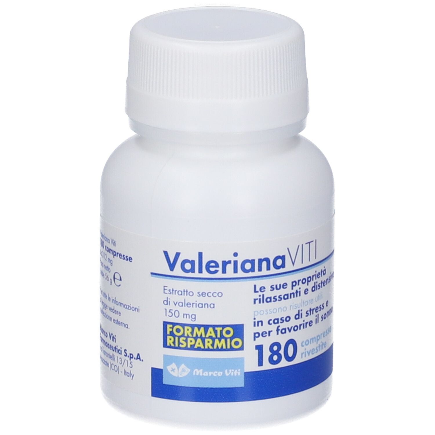 Flacone bianco con tappo a vite. Scritta Valeriana Viti, 180 compresse. Testo in italiano.
