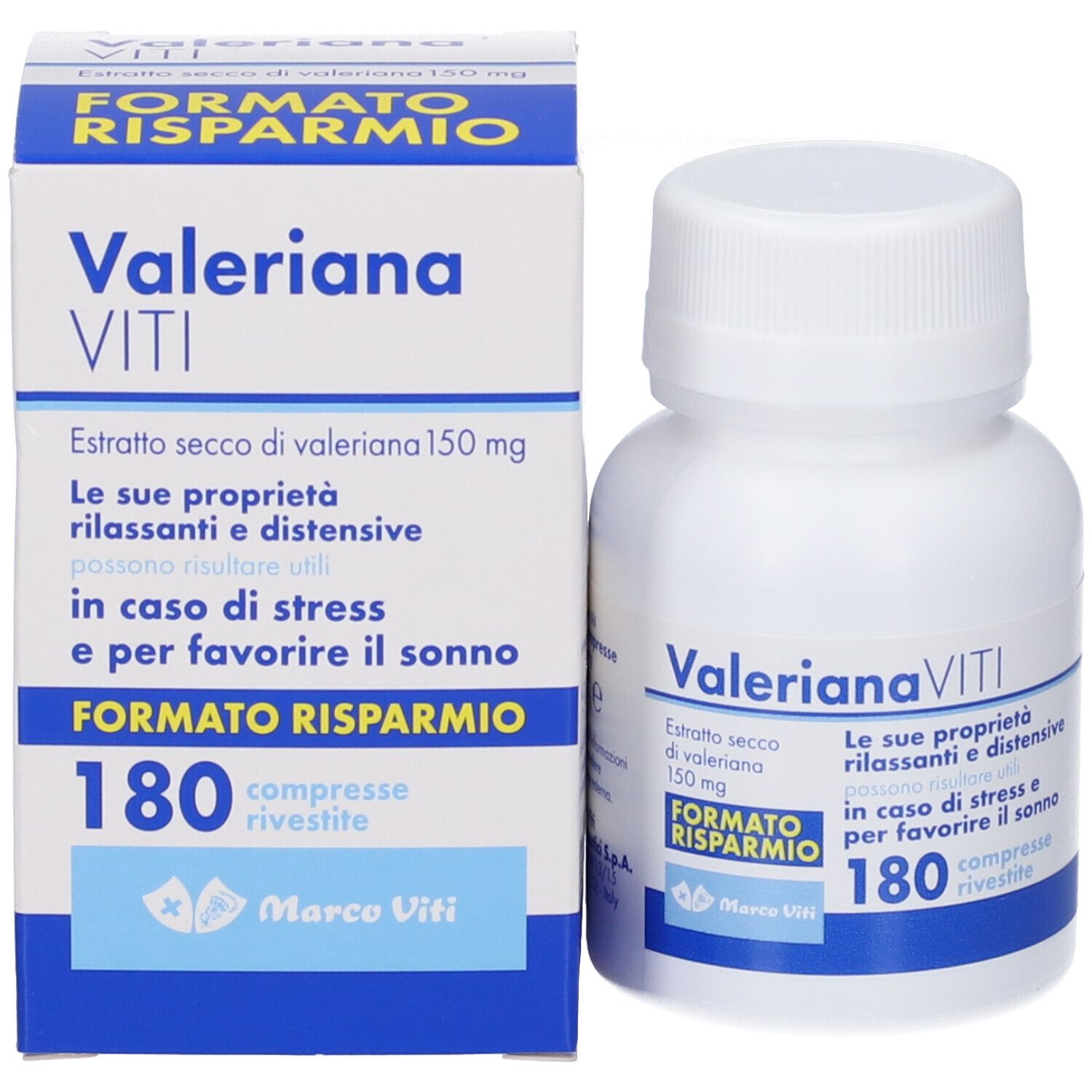 Flacone bianco e scatola. Scritta Valeriana Viti, 180 compresse. Testo in italiano.