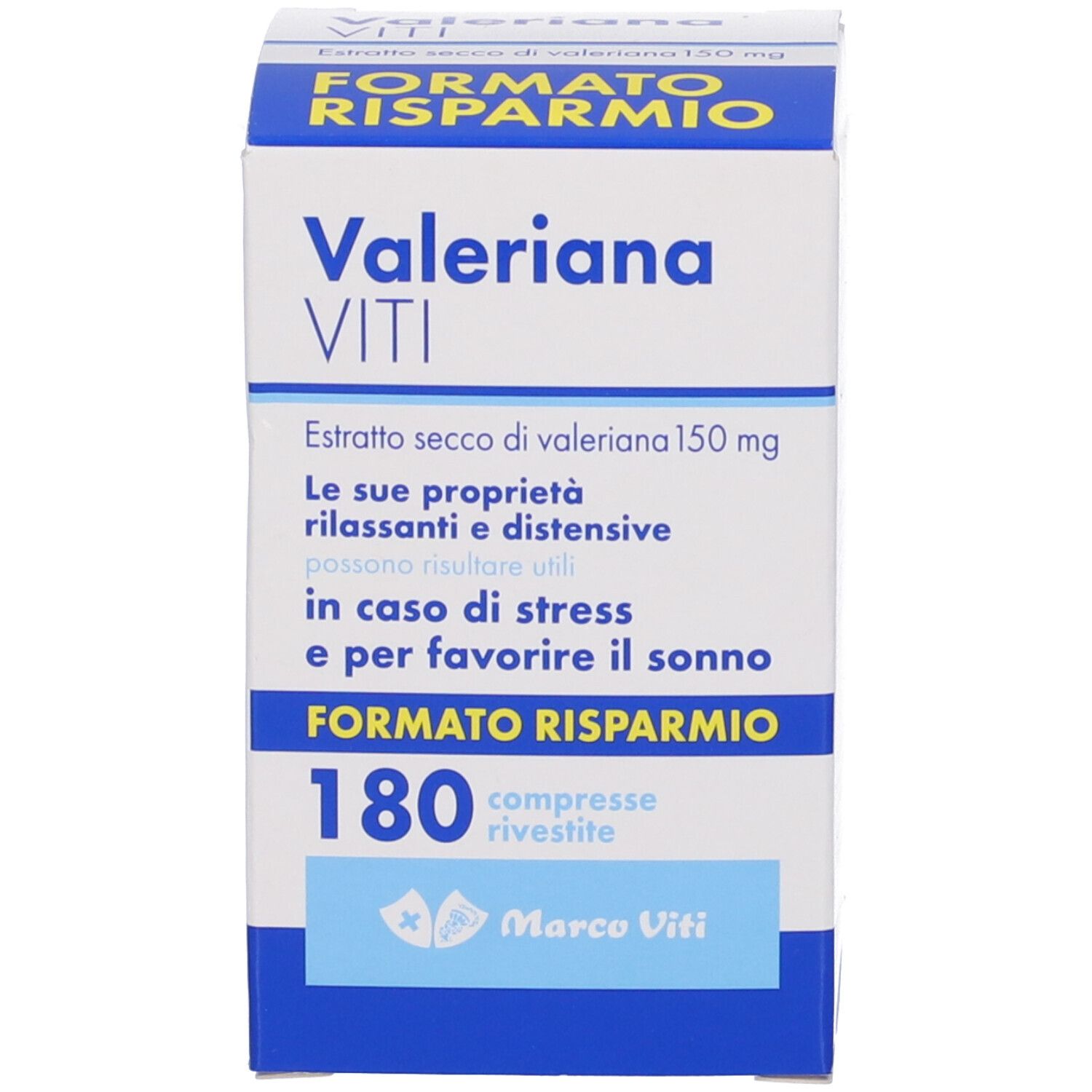 Scatola con scritta Valeriana Viti, 180 compresse. Testo in italiano.