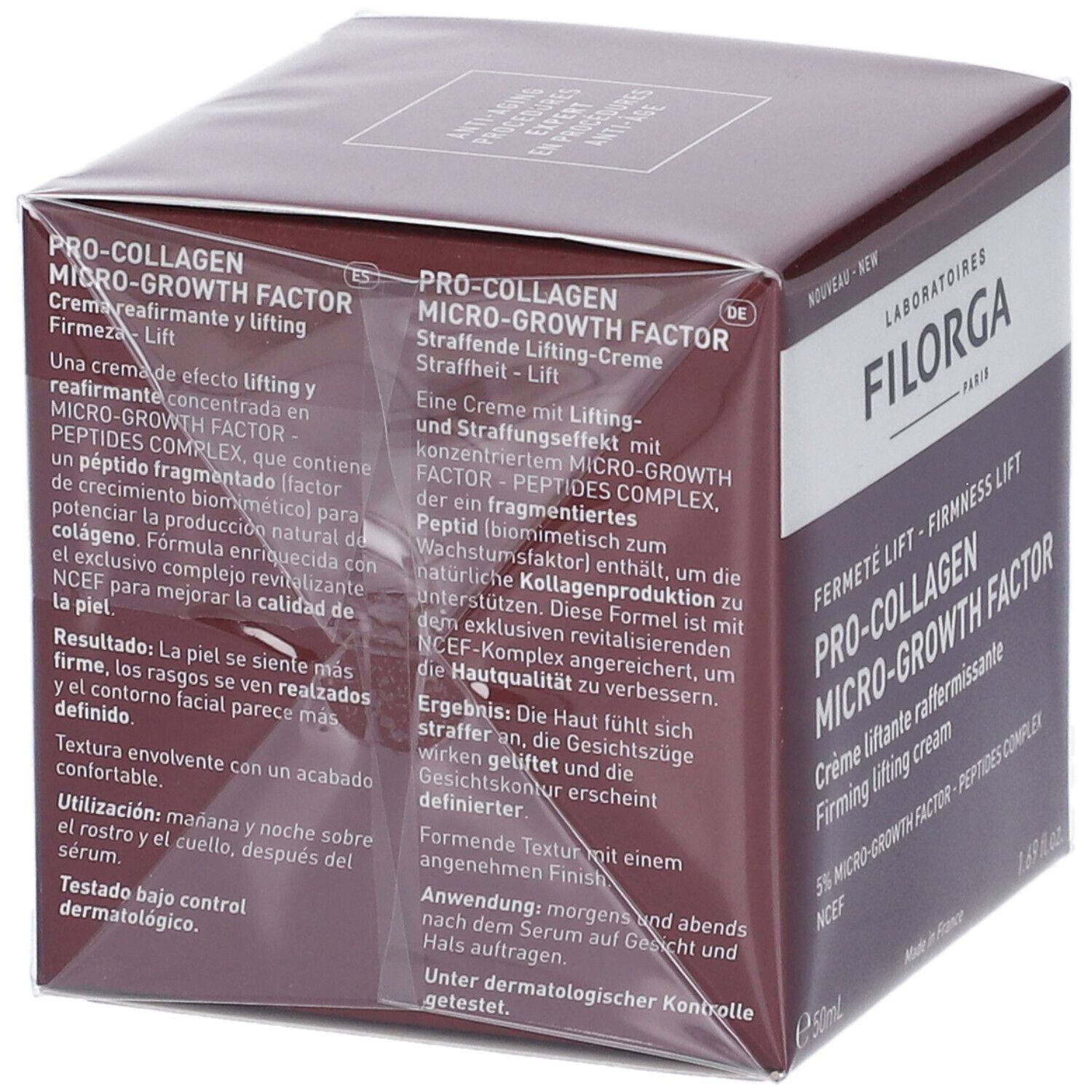 Confezione in cartone marrone per la crema FILORGA PRO-COLLAGEN MICRO-GROWTH FACTOR.