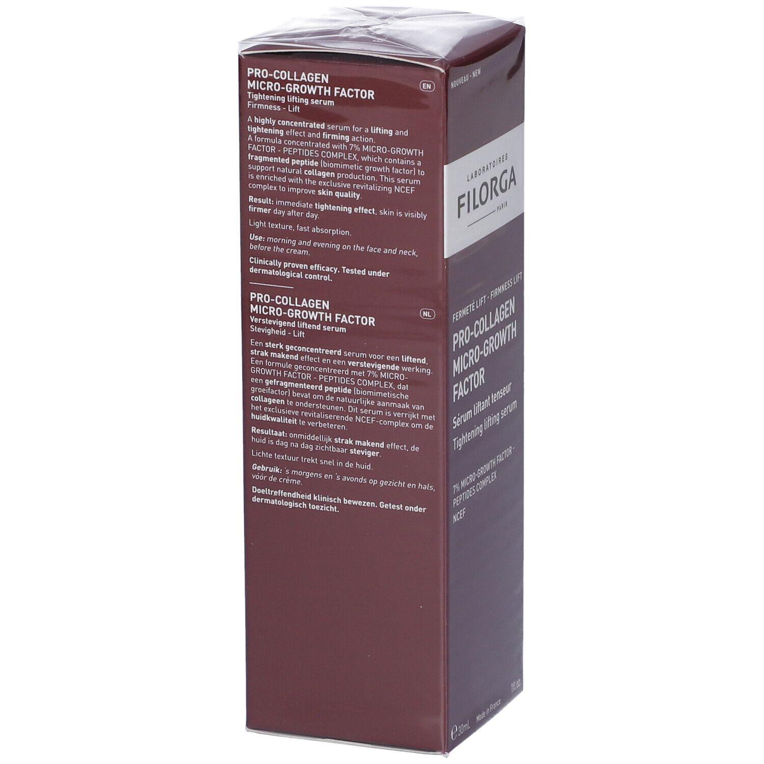 Confezione color vinaccia per un prodotto per la cura della pelle chiamato 'FILORGA PRO-COLLAGEN MICRO-GROWTH FACTOR'.