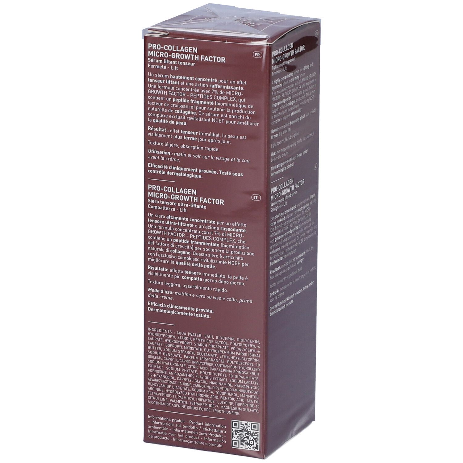 Confezione color vinaccia per siero 'FILORGA PRO-COLLAGEN MICRO-GROWTH FACTOR'. Contiene informazioni dettagliate sul prodotto.