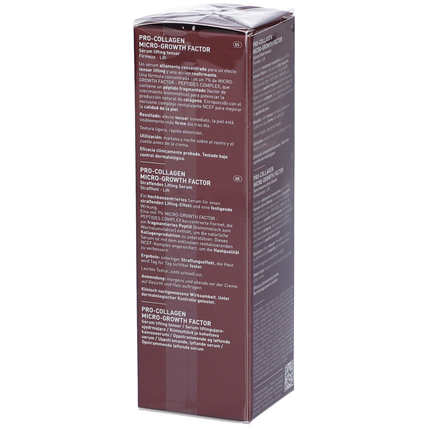 Confezione per un siero con accenti marroni e dorati. Contiene 50 ml.