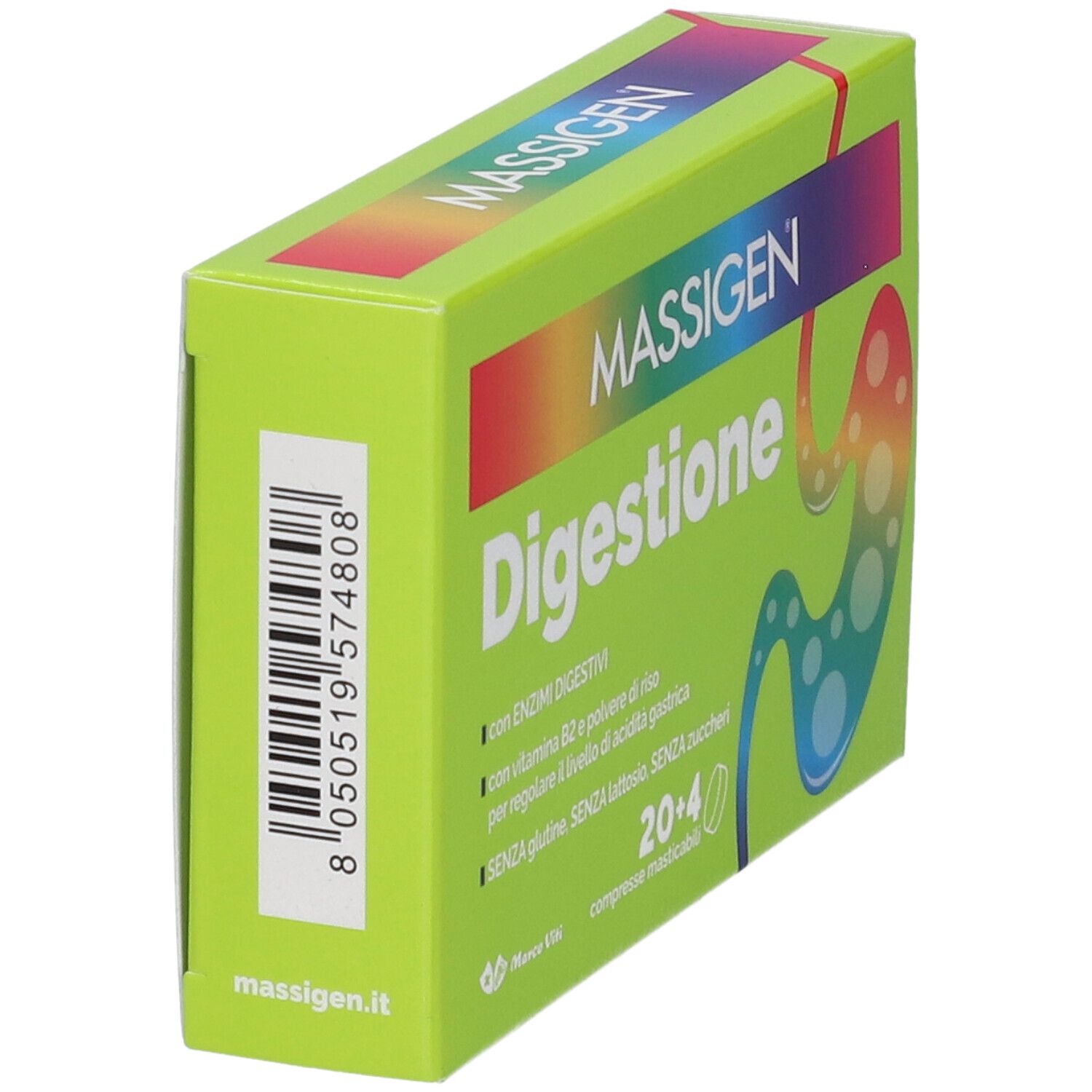 Scatola verde "MASSIGEN Digestione". Codice a barre e logo. Contiene enzimi, vitamina B2, senza glutine. Sito web.
