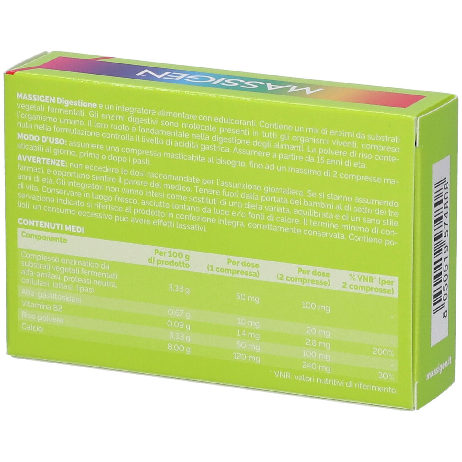 Retro della scatola verde "MASSIGEN Digestione". Testo con ingredienti e valori nutrizionali. Contiene enzimi.
