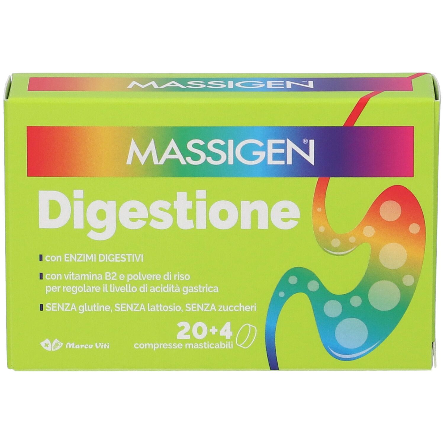 Scatola verde "MASSIGEN Digestione". Logo, scritta e disegno dello stomaco. Contiene 24 compresse masticabili.