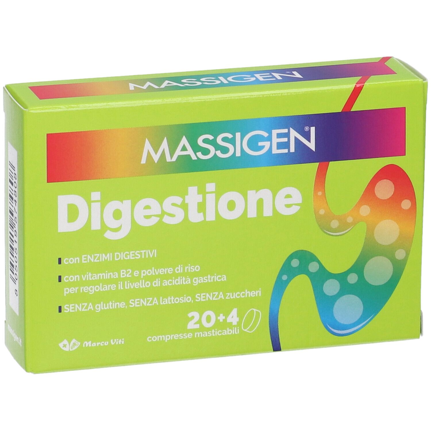 Scatola verde "MASSIGEN Digestione". Logo, scritta e disegno dello stomaco. Contiene 24 compresse masticabili.