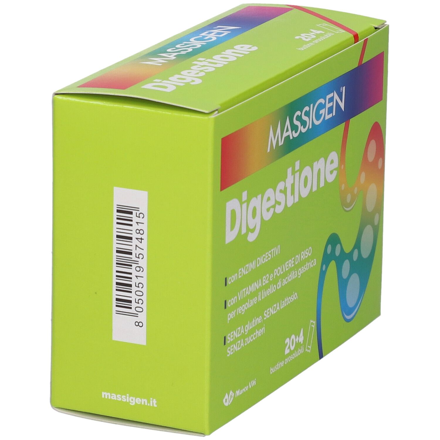 Scatola verde con logo "MASSIGEN Digestione". Codice a barre e indirizzo web. Contiene 20+4 bustine. Vista laterale.