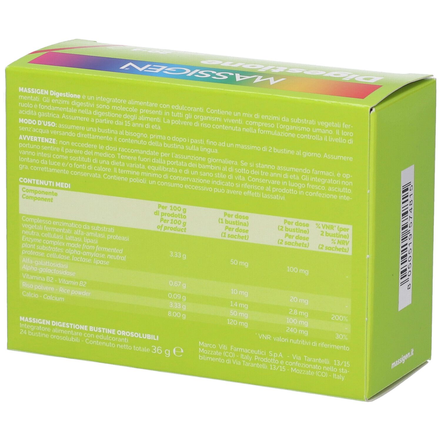 Retro della scatola verde con informazioni sugli ingredienti e tabella nutrizionale. Testo in italiano.