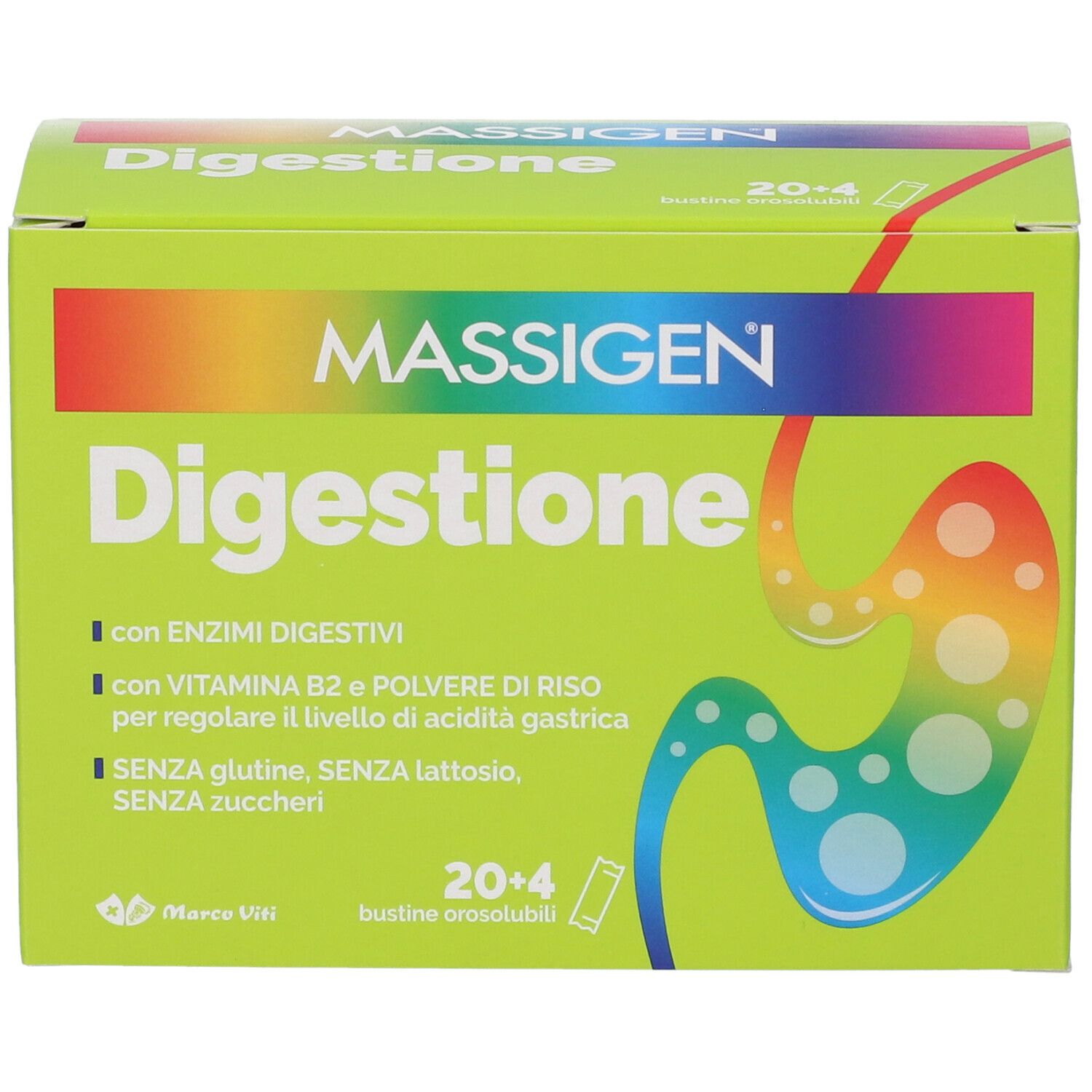 Scatola verde con logo "MASSIGEN Digestione". Contiene 20+4 bustine. Testo: "con enzimi digestivi", "senza glutine, senza lattosio, senza zuccheri".