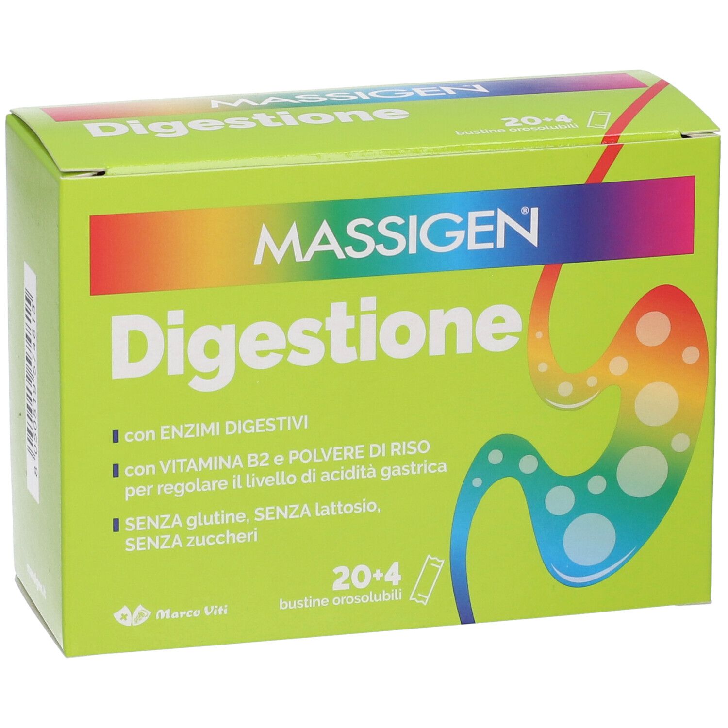 Scatola verde con logo "MASSIGEN Digestione". Contiene 20+4 bustine. Testo: "con enzimi digestivi", "senza glutine, senza lattosio, senza zuccheri".