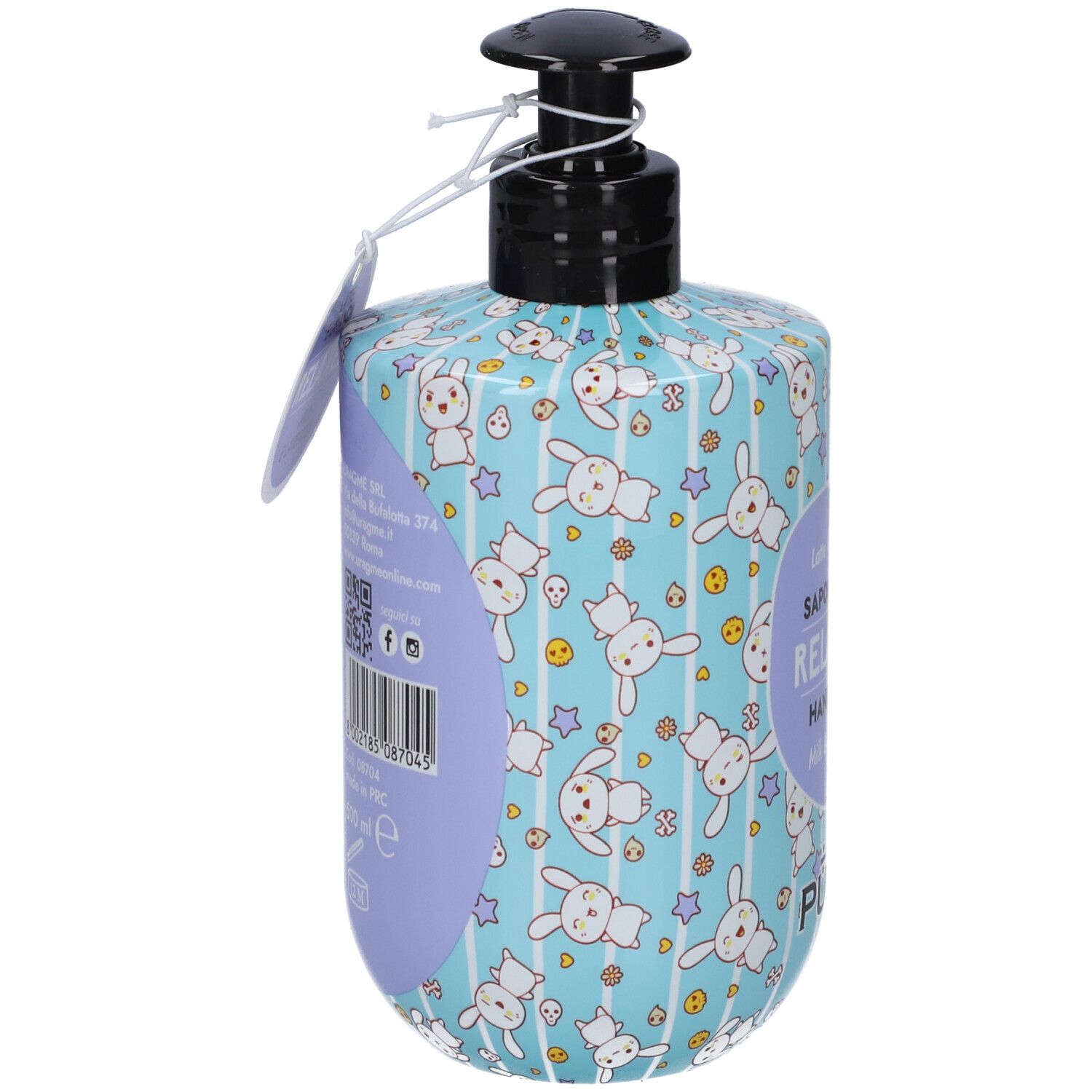Retro flacone dispenser Sapone Mani Puro Relaxed con fantasia coniglietti Kawaii, codice a barre e info prodotto.