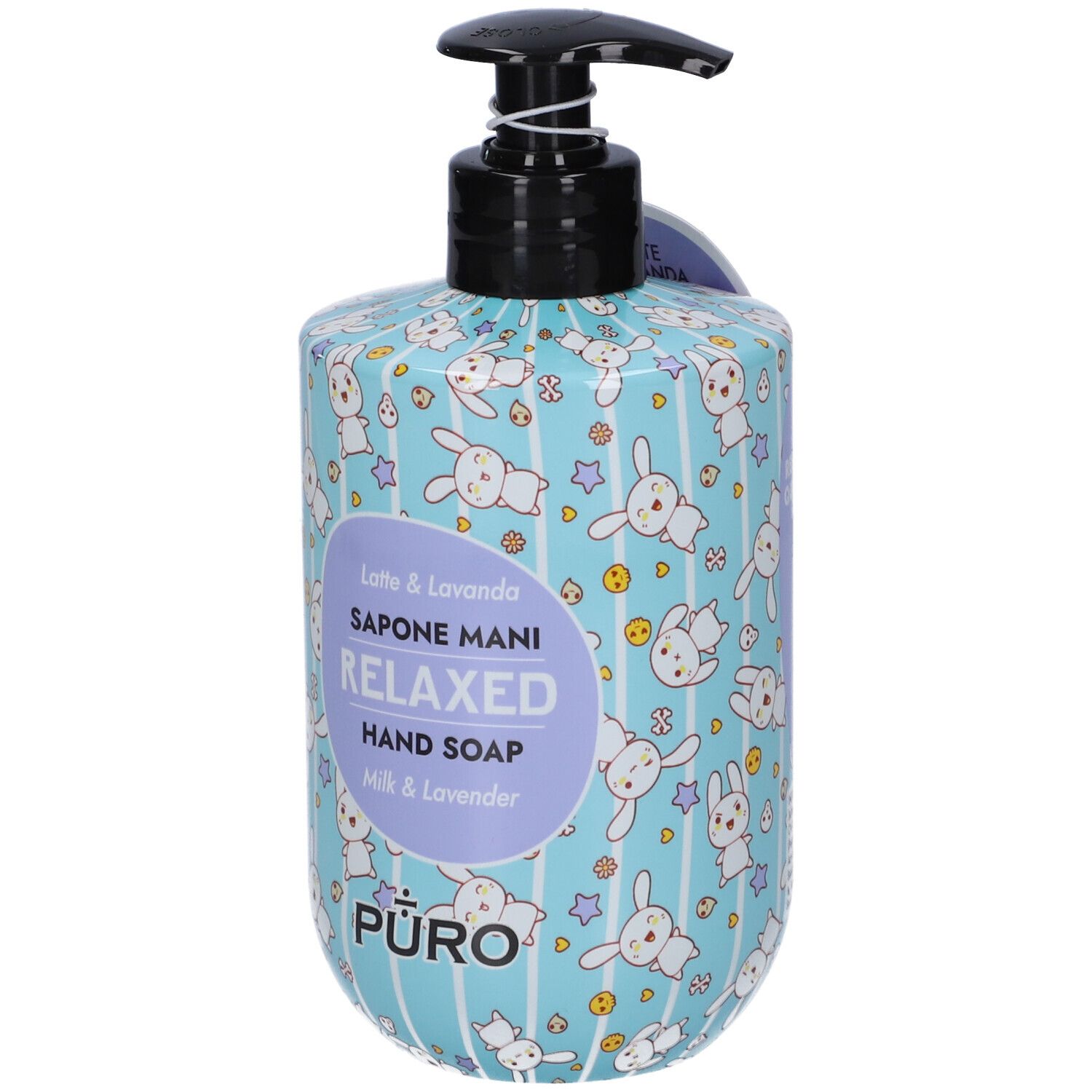 Puro Sapone Mani Relaxed, Latte & Lavanda, flacone 500ml con dispenser e fantasia coniglietti Kawaii.