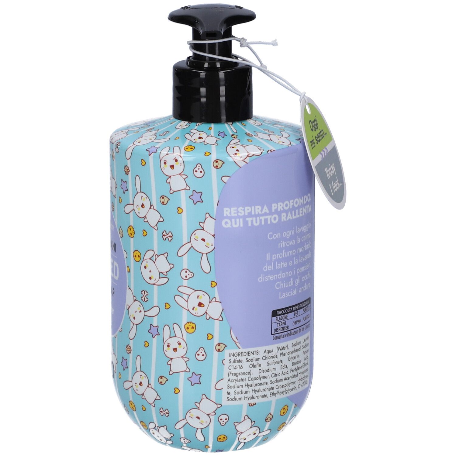 Retro flacone dispenser Sapone Mani Puro Relaxed con fantasia coniglietti Kawaii, etichetta 'Oggi mi sento...' e ingredienti.