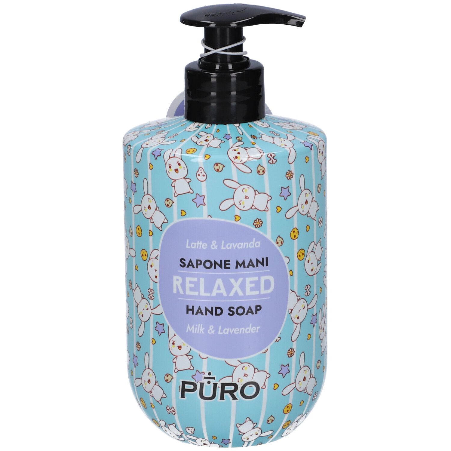 Puro Sapone Mani Relaxed, Latte & Lavanda, flacone 500ml con dispenser e fantasia coniglietti Kawaii.