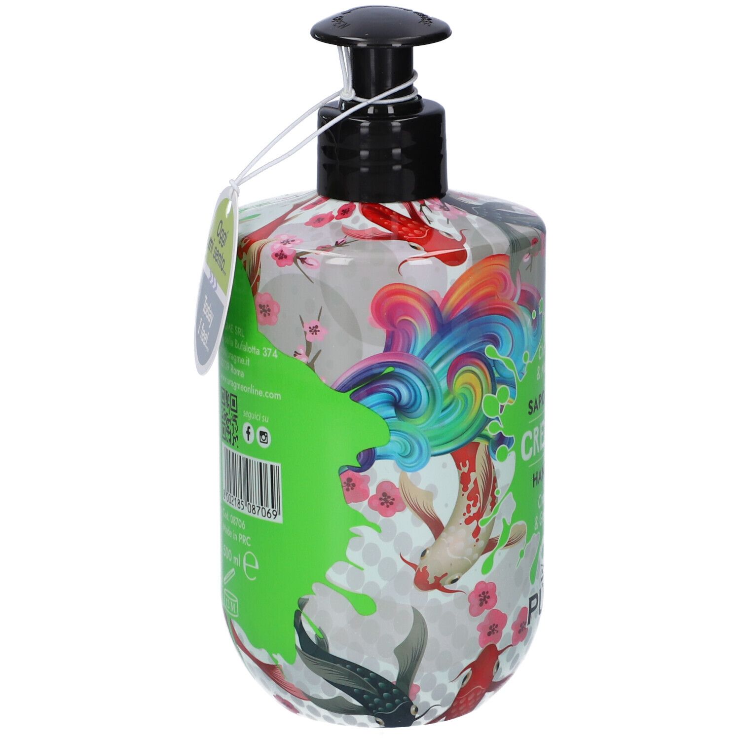 Retro del flacone di sapone mani Puro Creative Champagne & Mela Verde con codice a barre e informazioni sul prodotto.