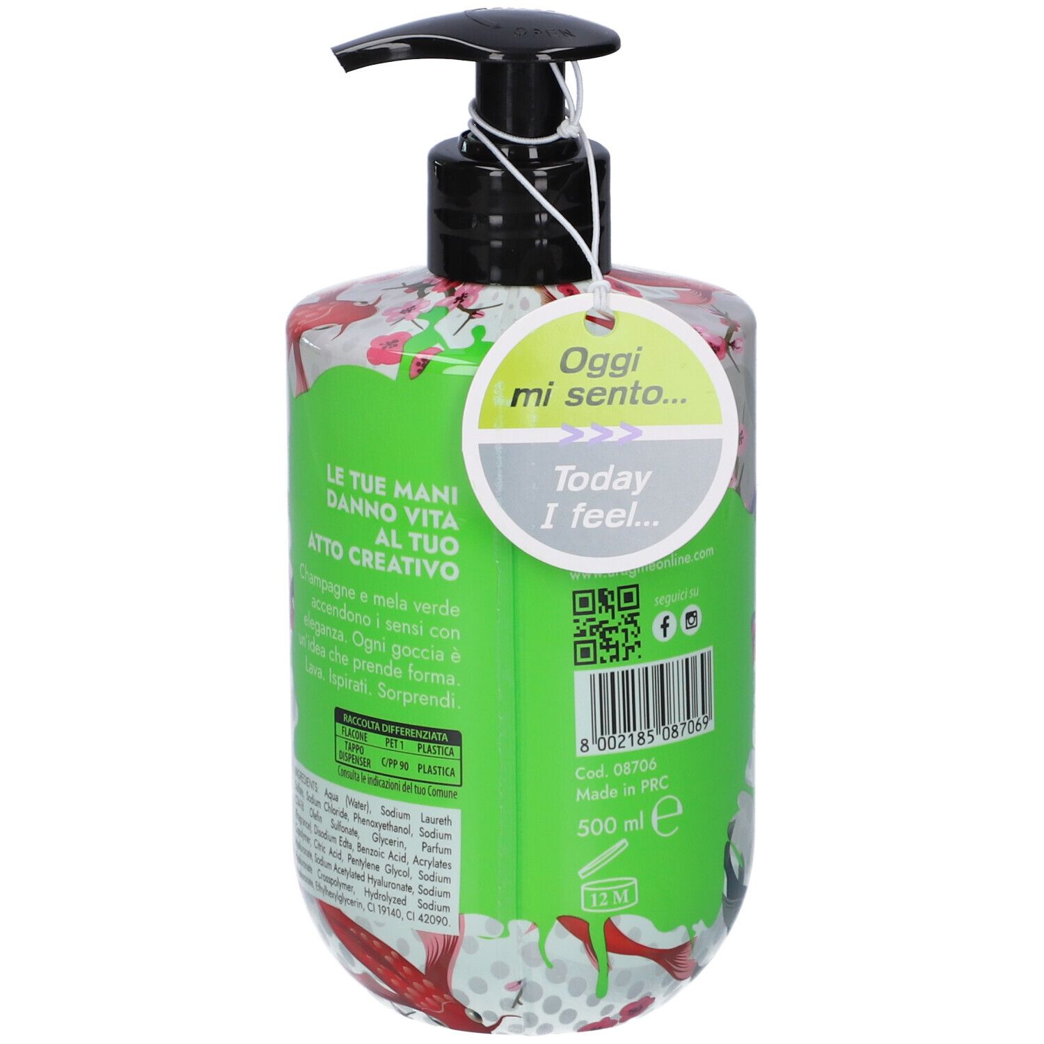 Retro del flacone di sapone mani Puro Creative Champagne & Mela Verde con QR code e testo 'Today I feel...'.
