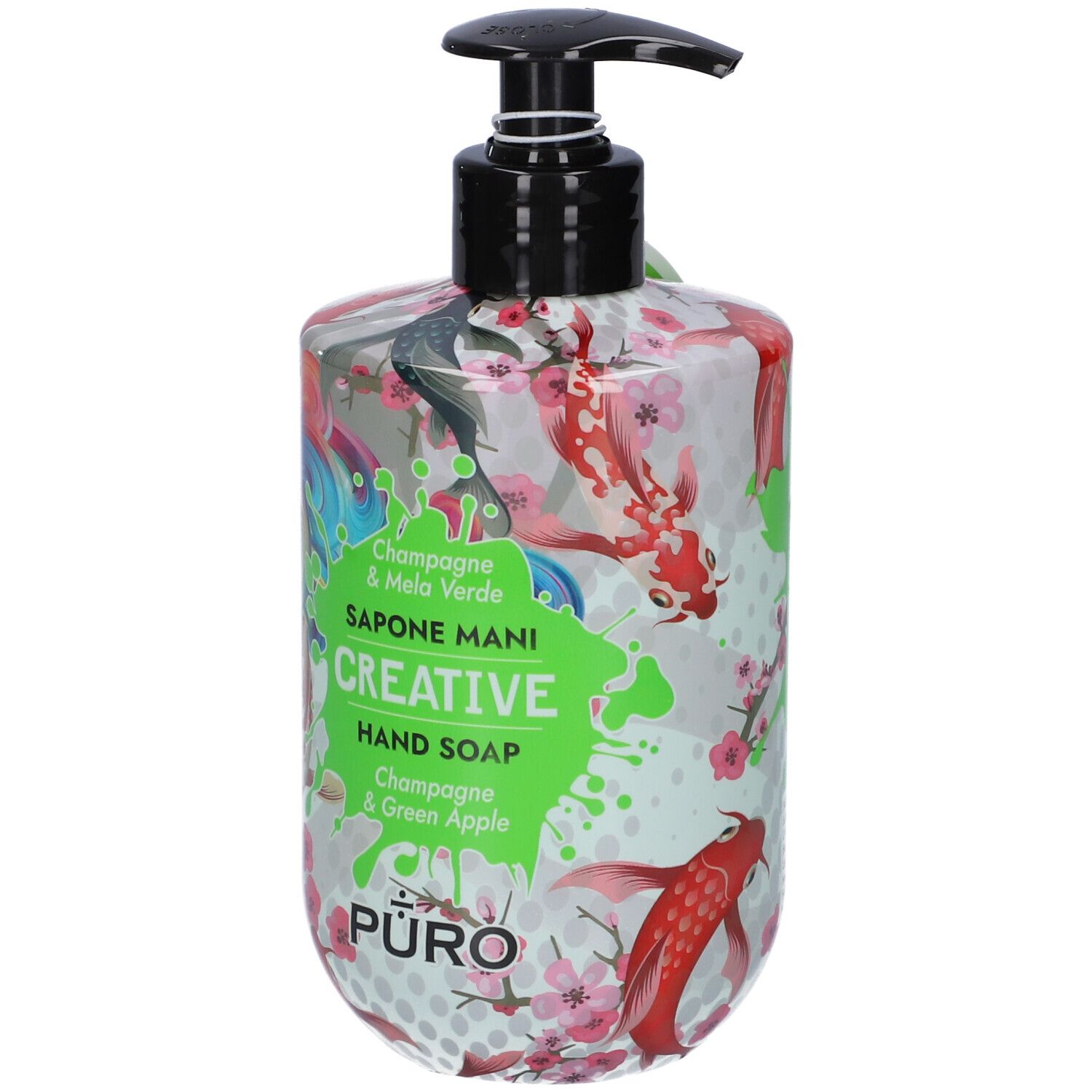 Sapone mani Puro Creative Champagne & Mela Verde, flacone dispenser 500ml con motivo Koi colorato.