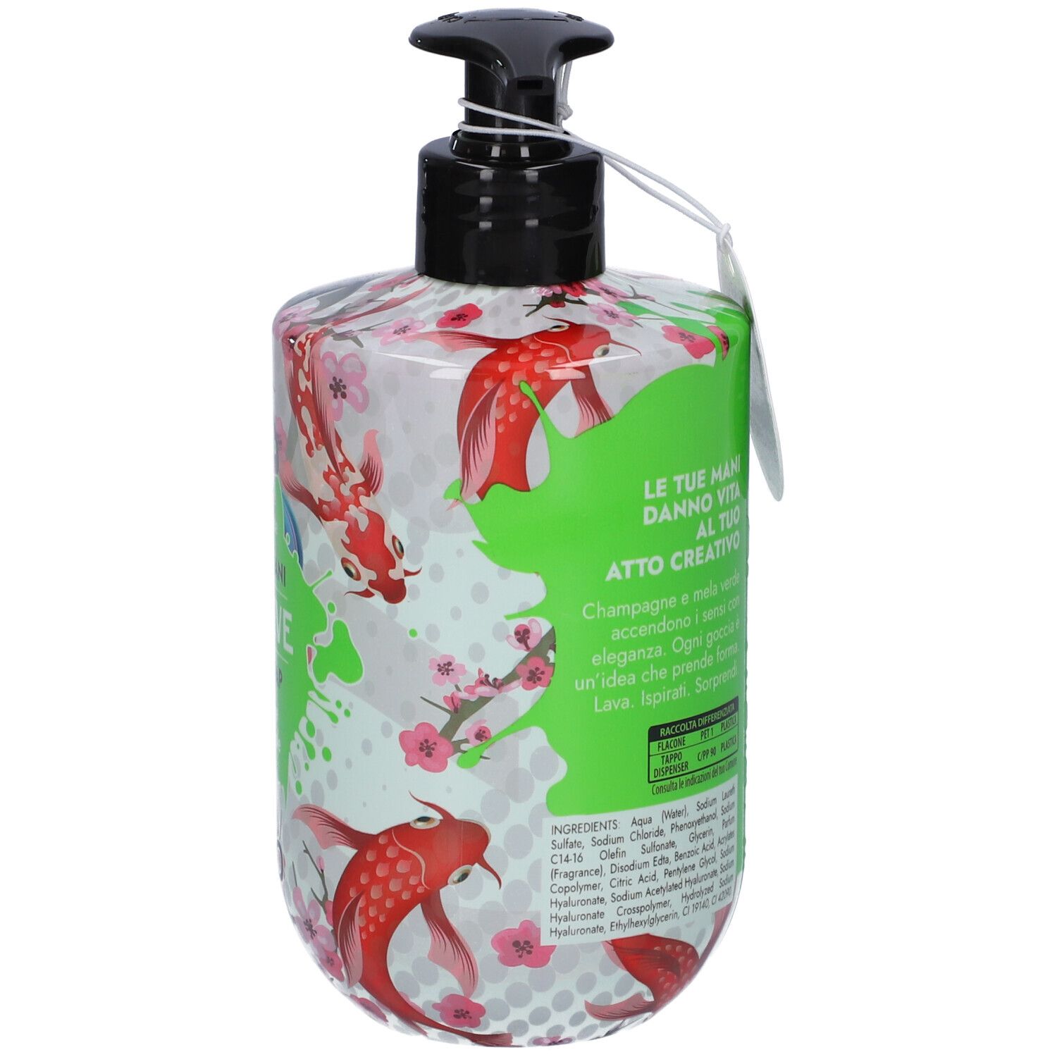 Retro del flacone di sapone mani Puro Creative Champagne & Mela Verde con elenco ingredienti e indicazione 500ml.