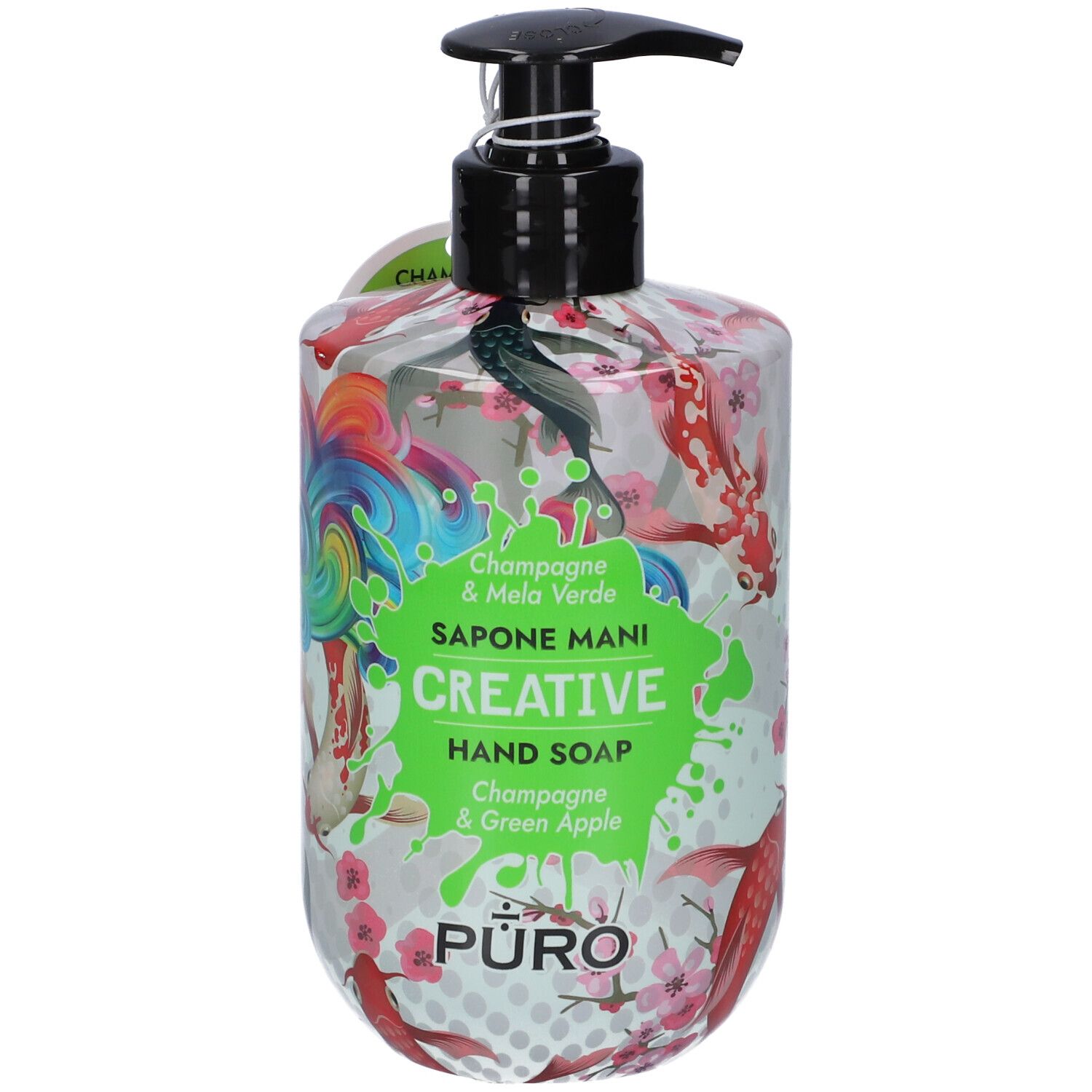 Sapone mani Puro Creative Champagne & Mela Verde, flacone dispenser 500ml con motivo Koi colorato.